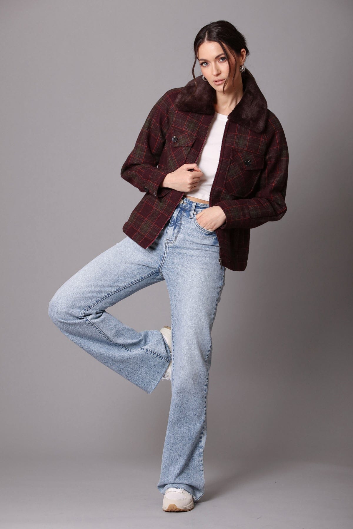 Maroon plaid zip-front faux fur collared jacket coat - women's figure flattering day to night coats jackets