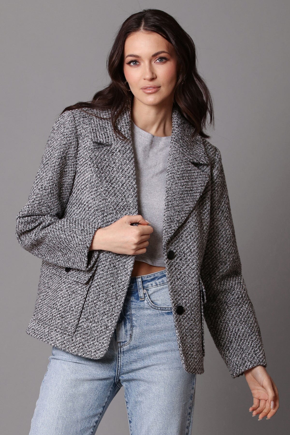 Grey relaxed retro tweed blazer coat jacket - figure flattering office to date night blazers coats jackets for ladies