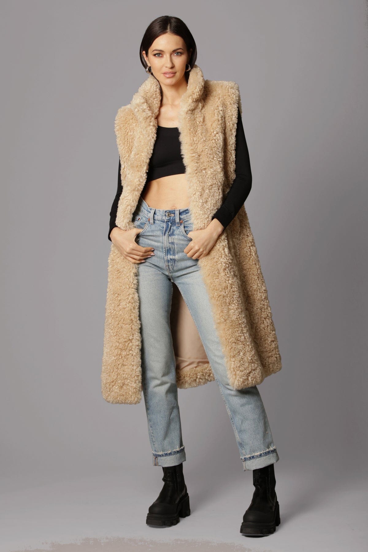 Tan teddy faux fur belted vest outerwear - figure flattering casual to dressy vests outerwear for ladies