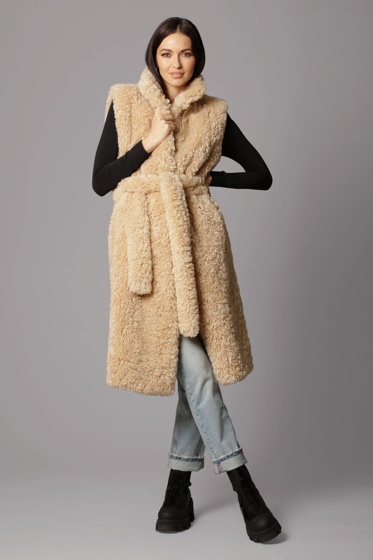 Tan teddy faux fur belted vest outerwear - figure flattering cozy fall long vests for women