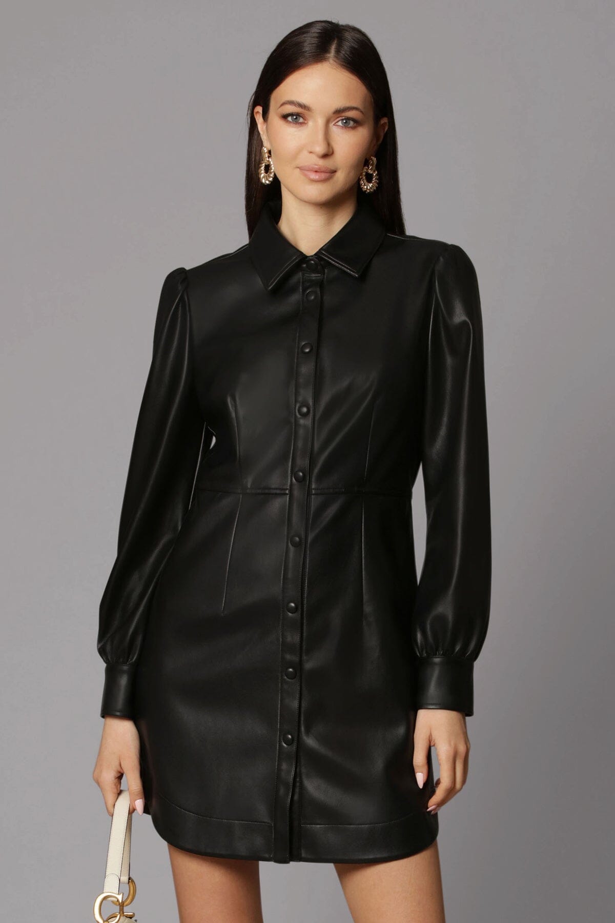 Black faux leather long sleeve shirtdress dresses Avec Les Filles