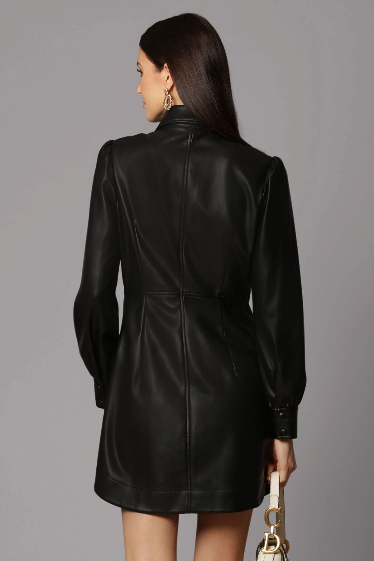 Black faux leather long sleeve short shirt dress dresses Avec Les Filles