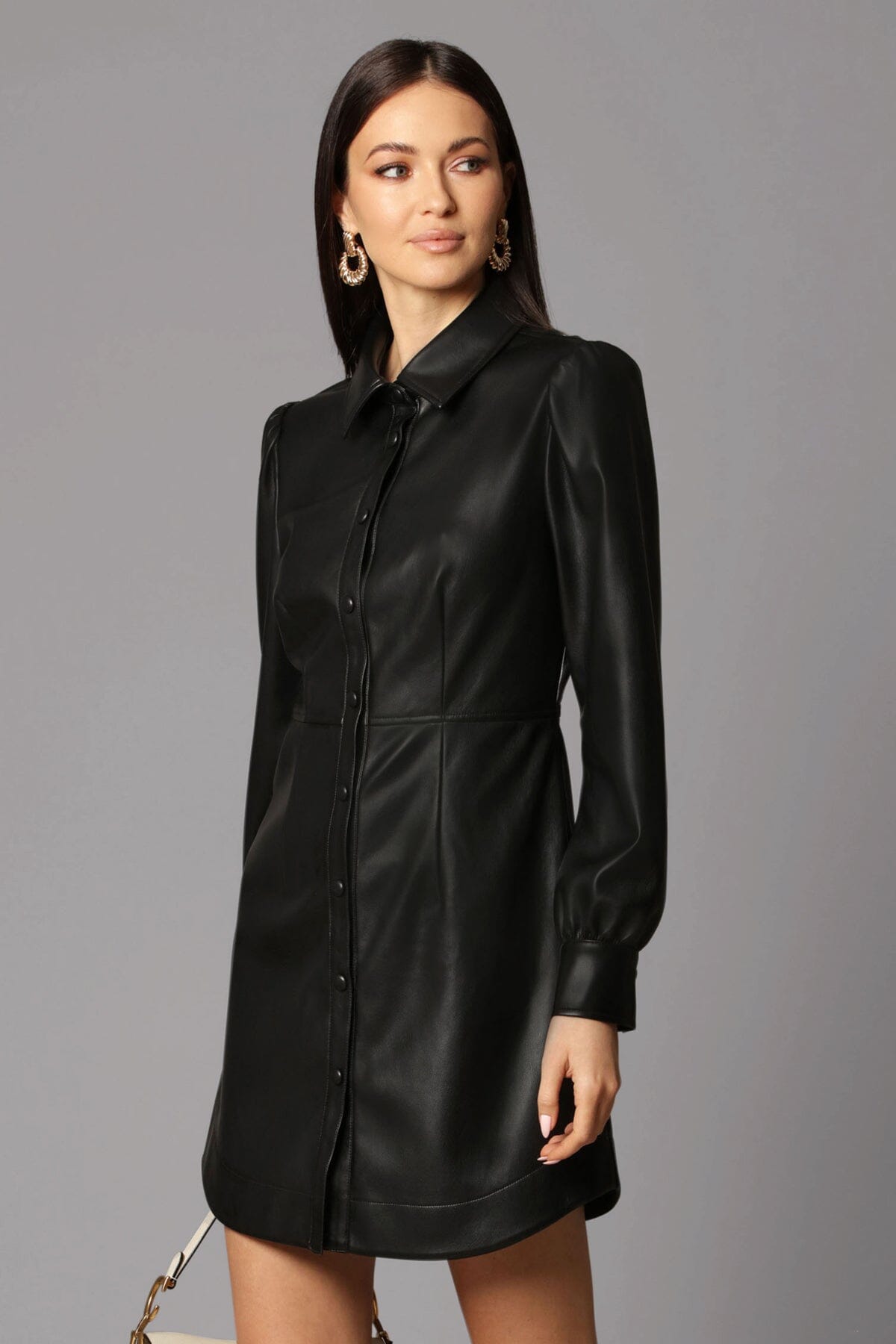 Black faux leather long sleeve tailored shirt dress