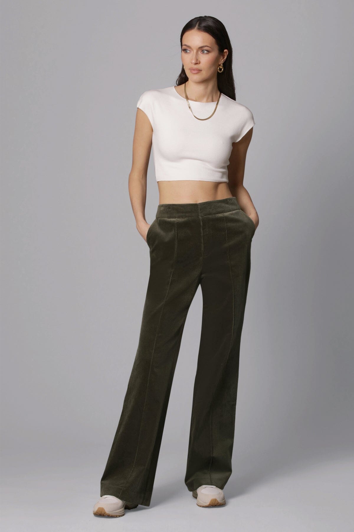 dark moss green stretch corduroy flare trouser pant - figure flattering office to date night trousers pants for women