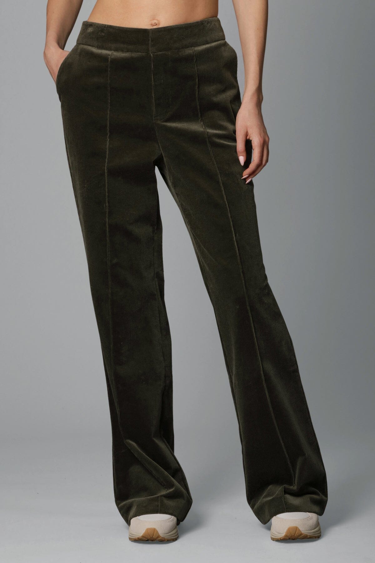 Dark moss green stretch corduroy flare trouser pant - women's figure flattering day to night trousers pants