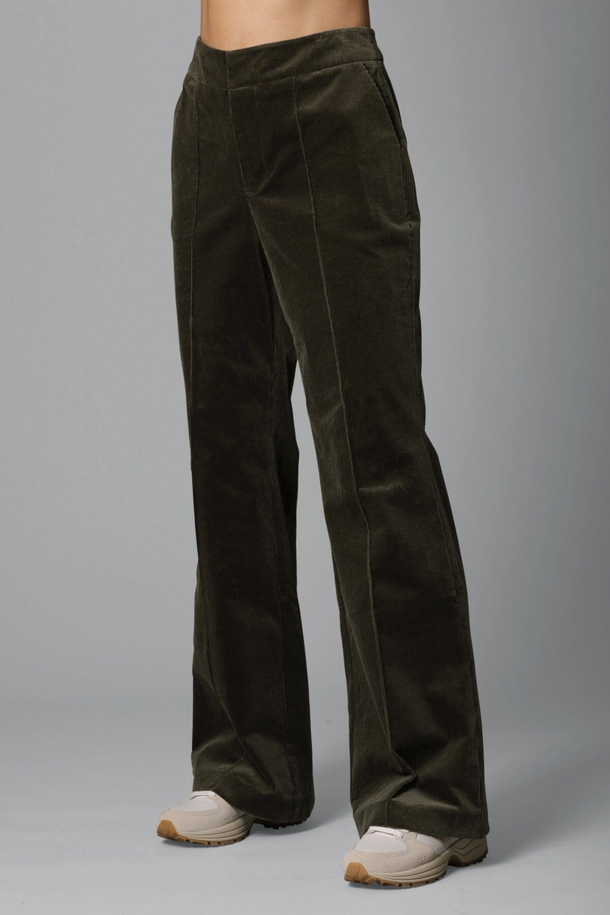 Dark moss green stretch corduroy flare trouser pant - figure flattering date night trousers pants for women