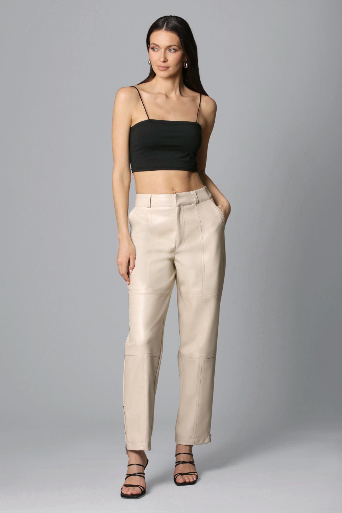 bone beige off white faux ever leather tapered pant - figure flattering office to date night pants for women