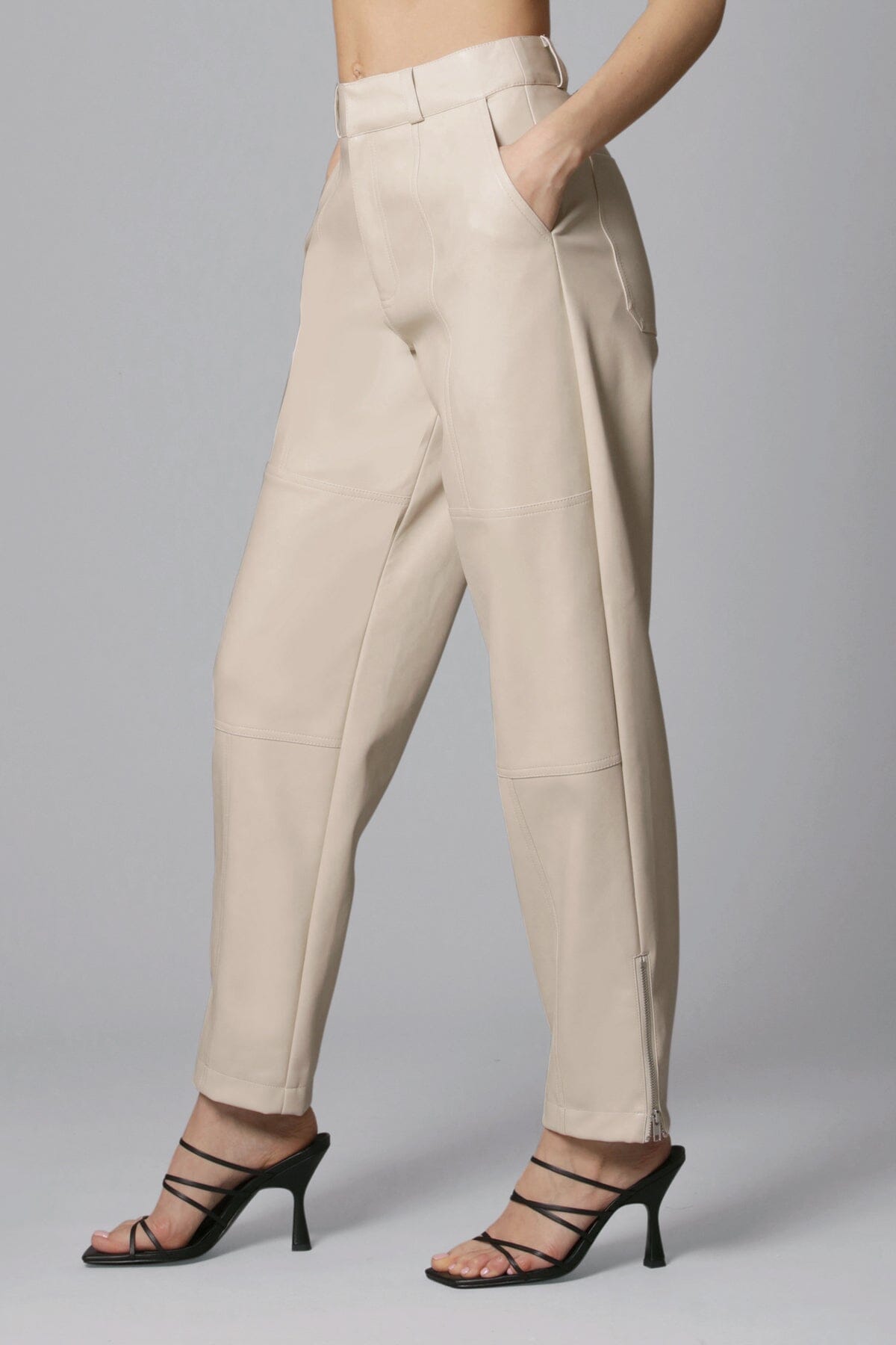 bone beige off white faux ever leather tapered pant - figure flattering day to night pants for women