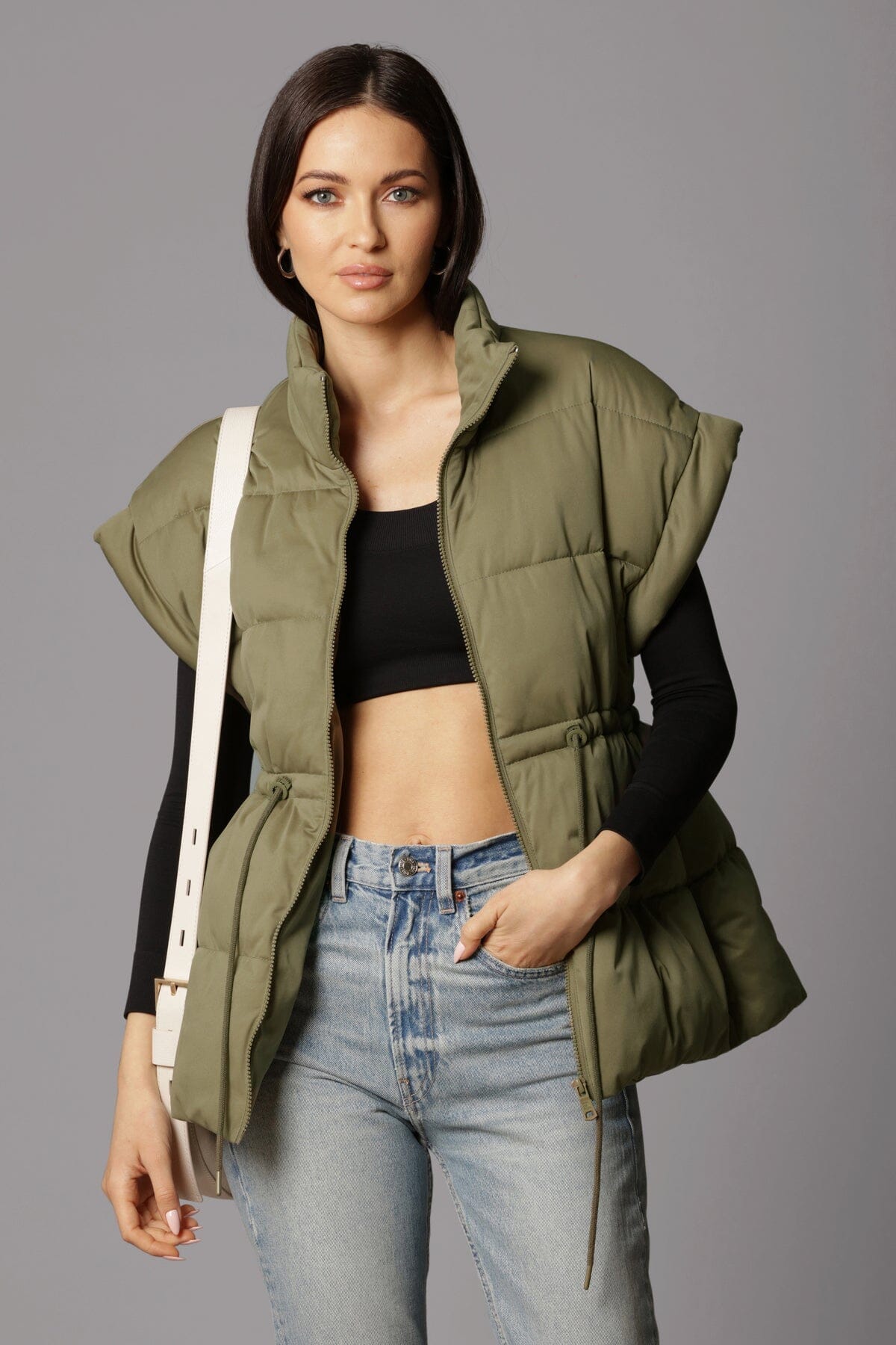 olive green thermal puff cinch waist zip front puffer vest outerwear - figure flattering designer fashion fall vests for women