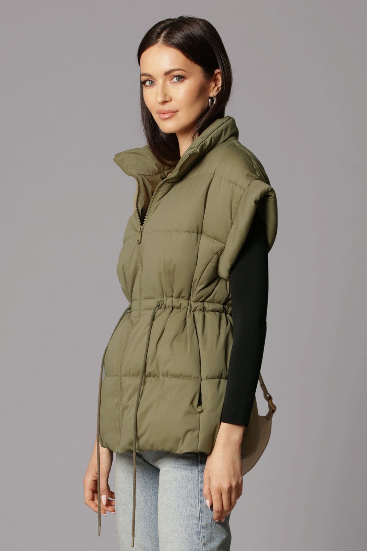 olive green thermal puff cinch waist zip front puffer vest outerwear - figure flattering designer fashion day to night vests for women