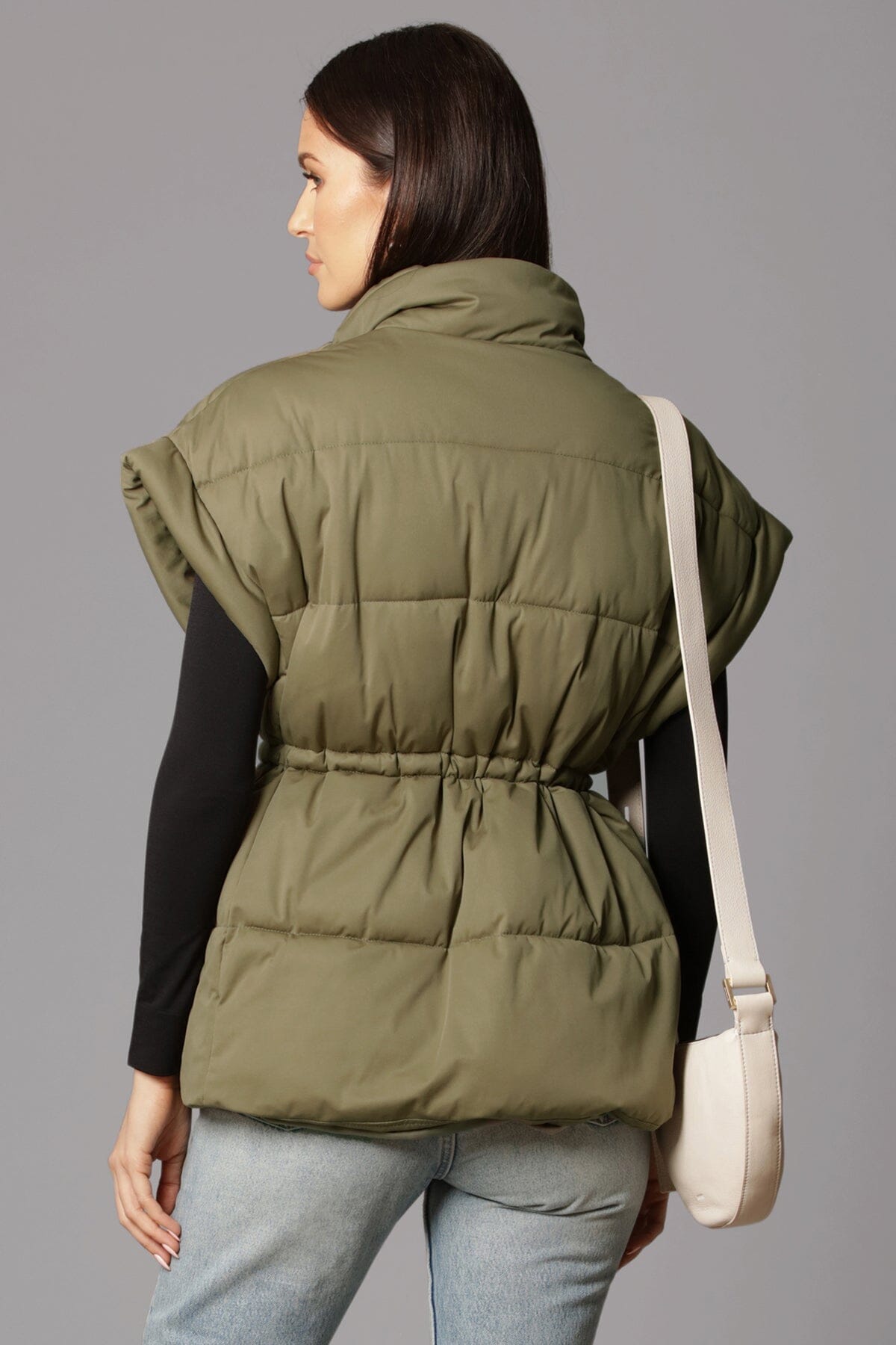 olive green thermal puff cinch waist zip front puffer vest outerwear- women's figure flattering designer fashion warm vests