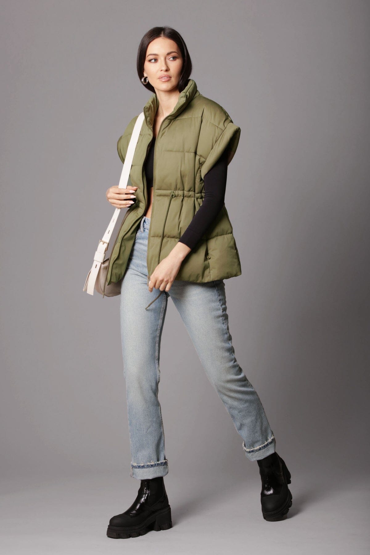 olive green thermal puff cinch waist zip front puffer vest - women's figure flattering designer fashion cute vests 