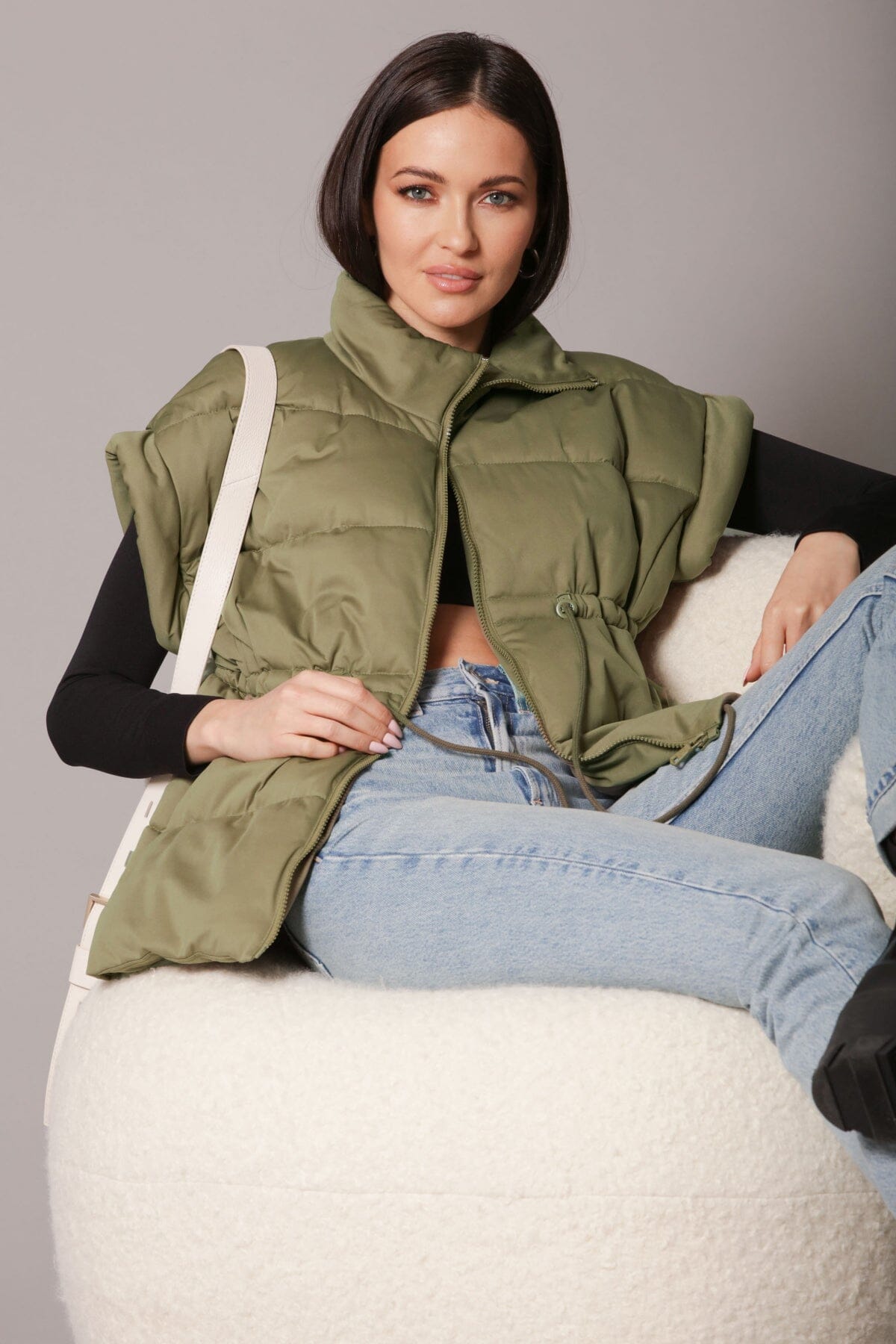 olive green thermal puff cinch waist zip front puffer vest - figure flattering designer fashion fall vests for women