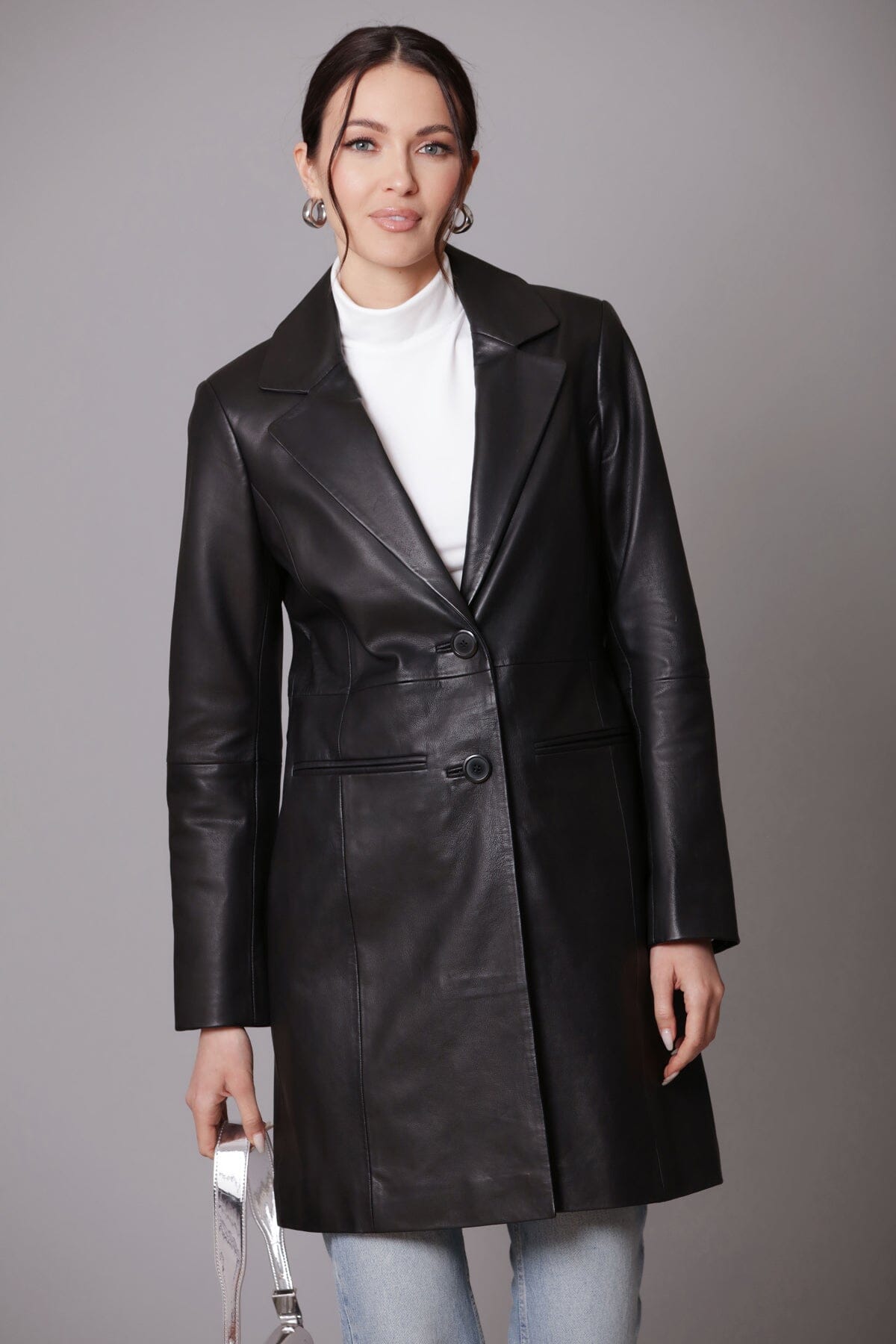black genuine leather single breasted topper coat - women's figure flattering designer fashion work appropriate coats jackets