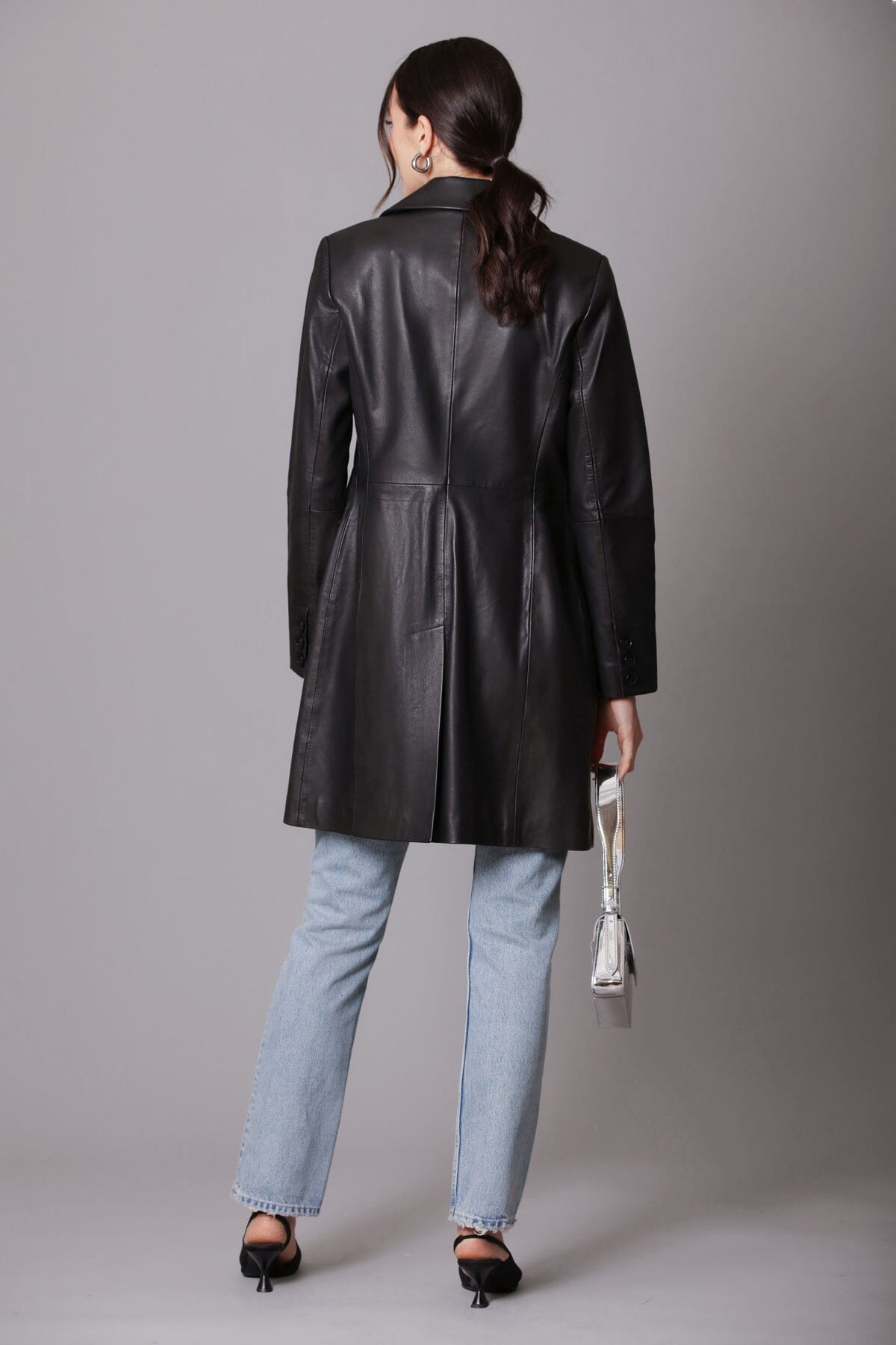 genuine leather single breasted topper coat black -  figure flattering designer fashion coats jackets for women