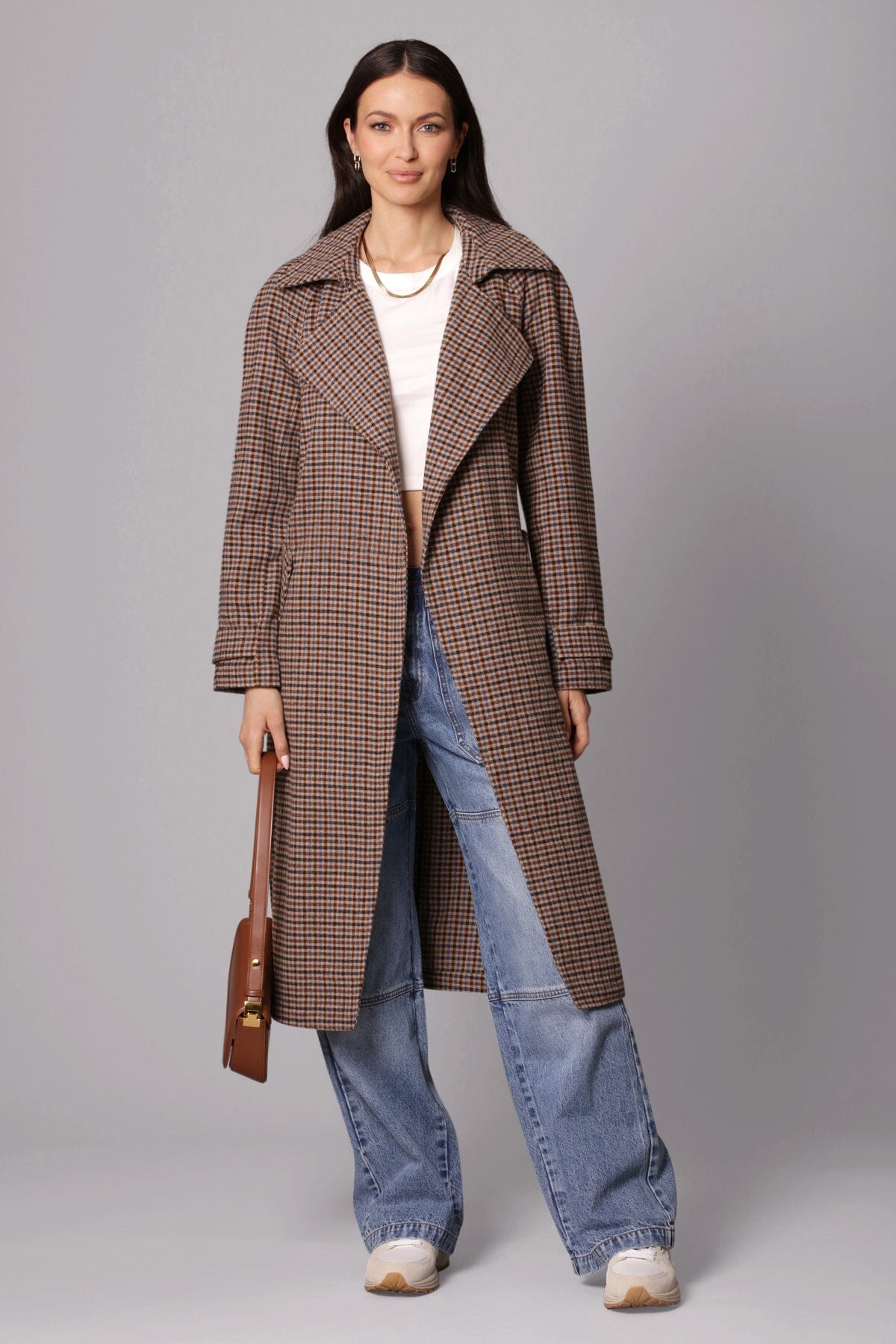 open front drape trench coat brown blue plaid outerwear - figure flattering designer fashion coats for women