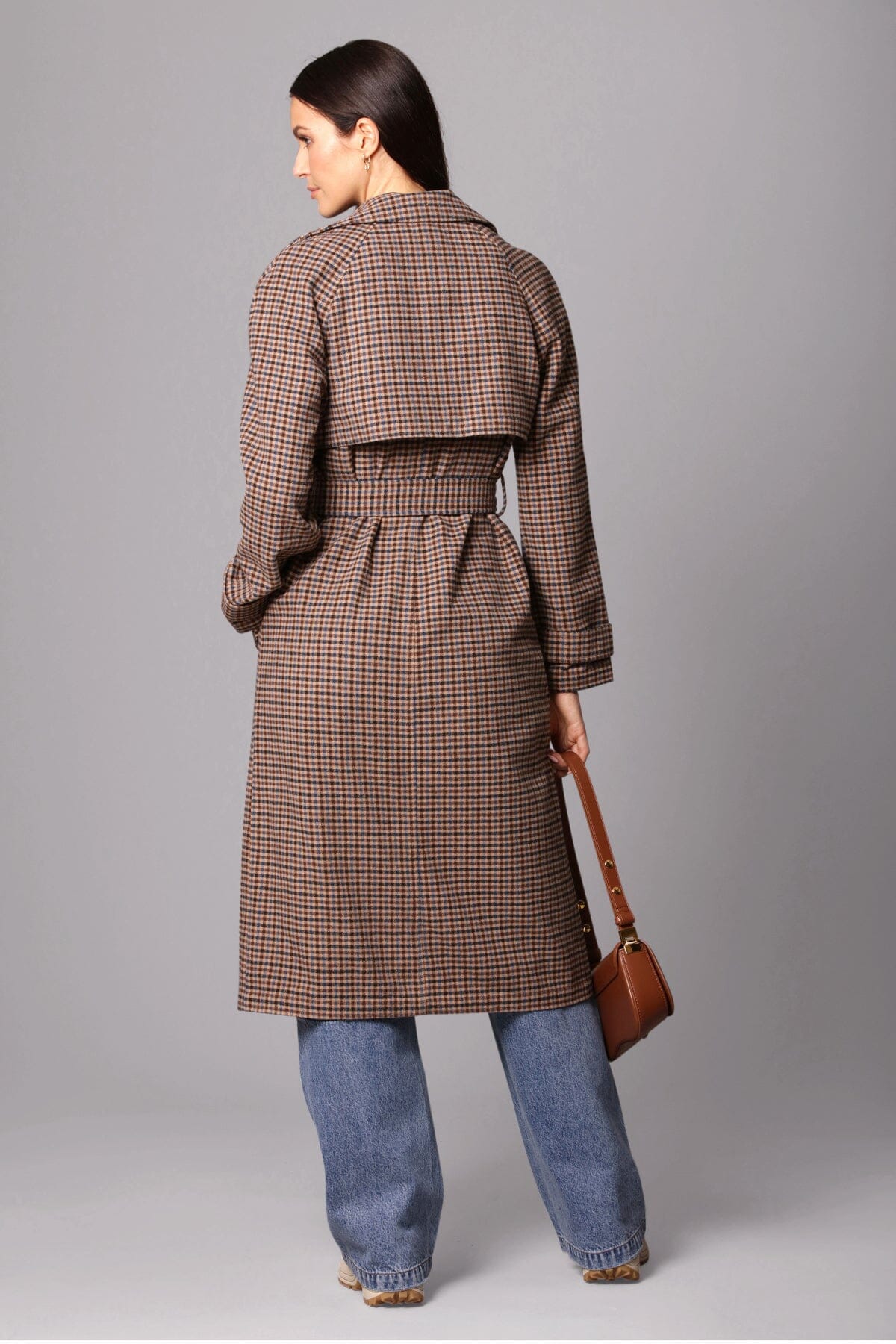 open front drape trench coat brown blue plaid outerwear - women's flattering designer fashion coats 
