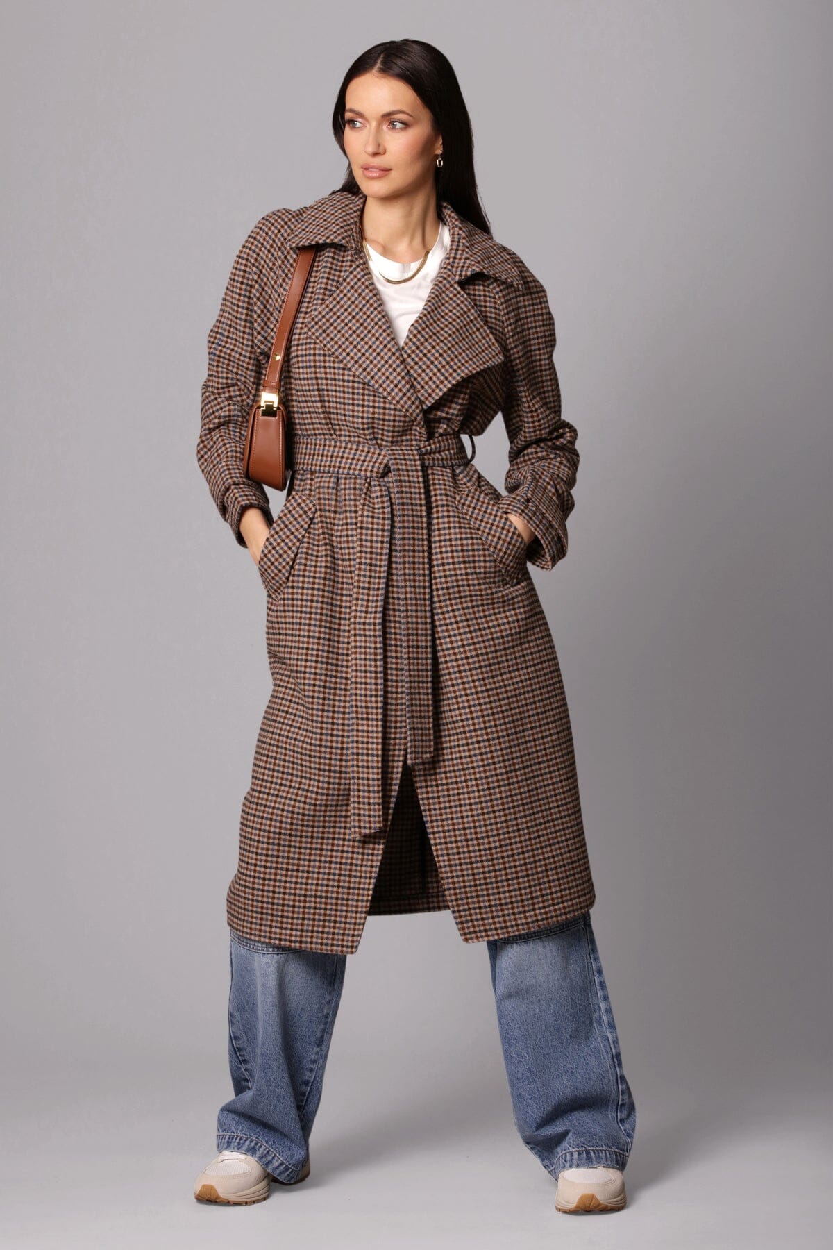open front drape trench coat brown blue plaid outerwear - flattering designer fashion coats for women