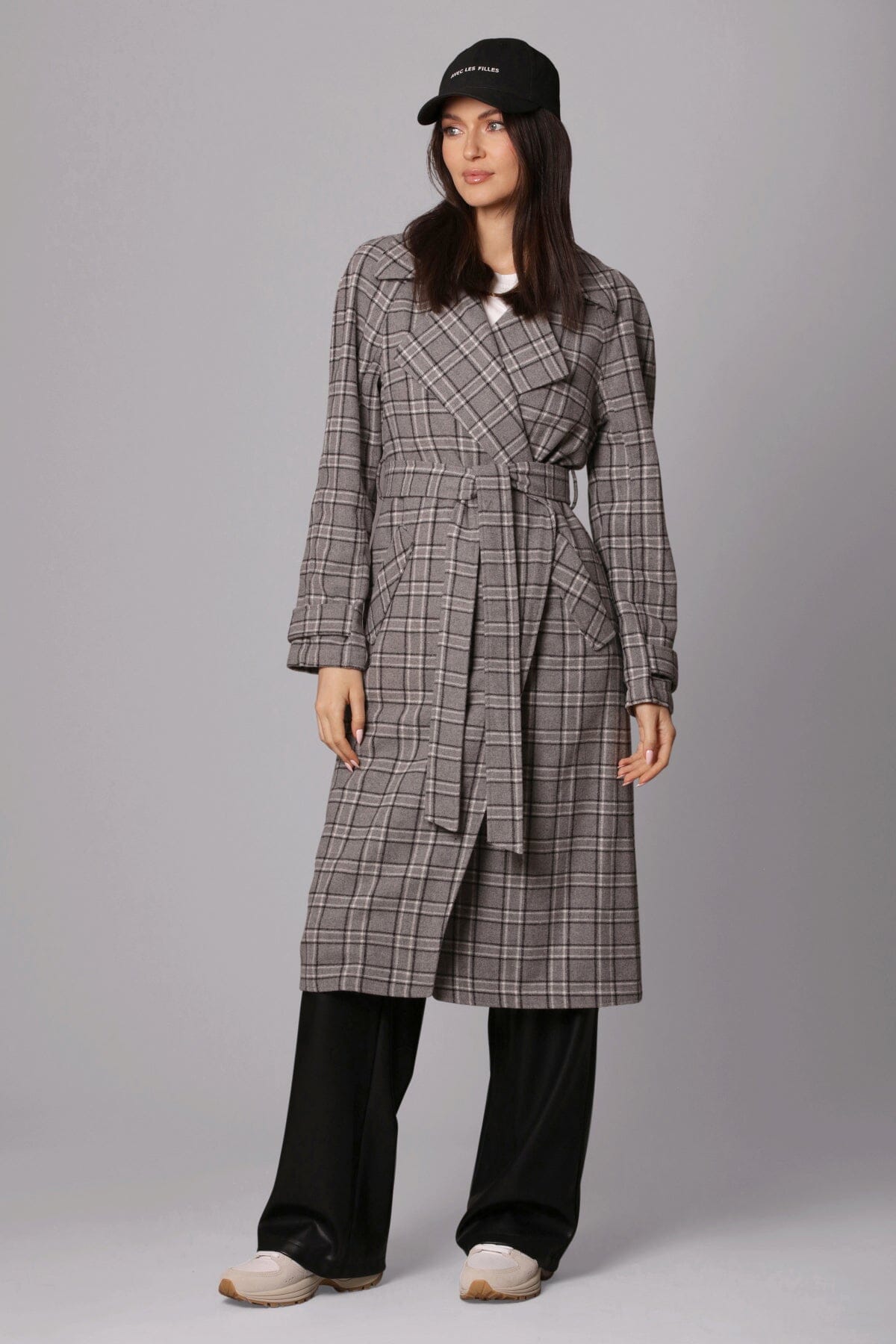 open front drape trench coat charcoal grey plaid outerwear - women's figure flattering designer fashion day to night coats
