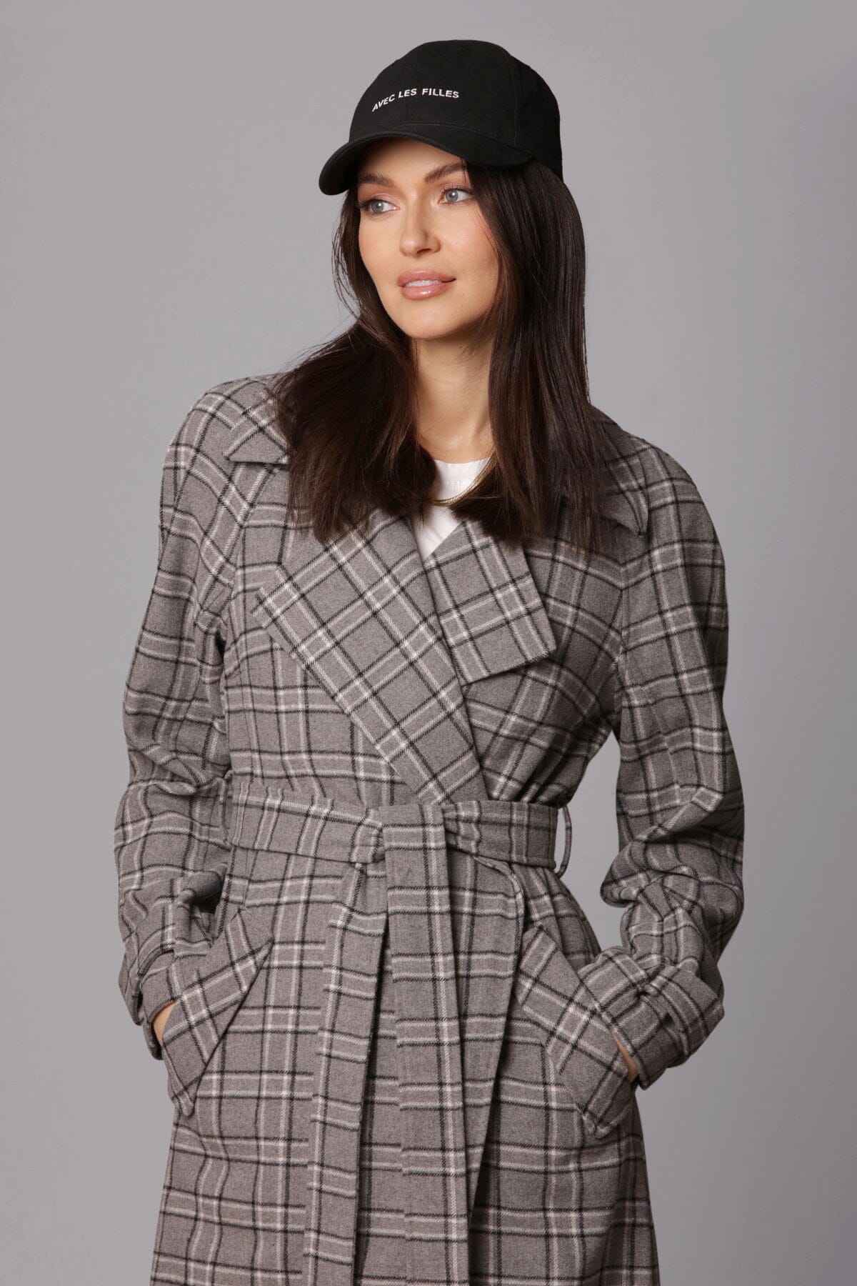 open front drape trench coat charcoal plaid outerwear - women's figure flattering designer fashion day to night coats