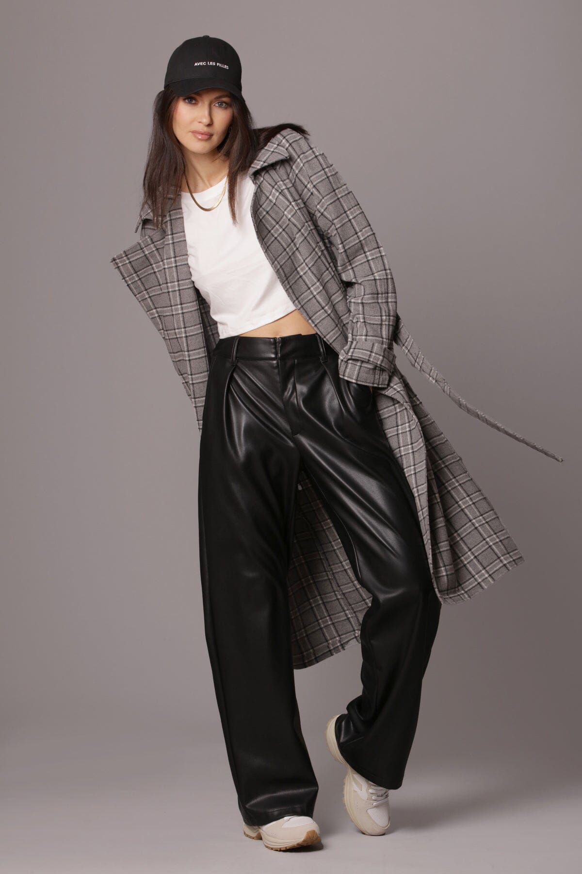 open front drape trench coat charcoal plaid outerwear - figure flattering designer fashion streetwear coats for women