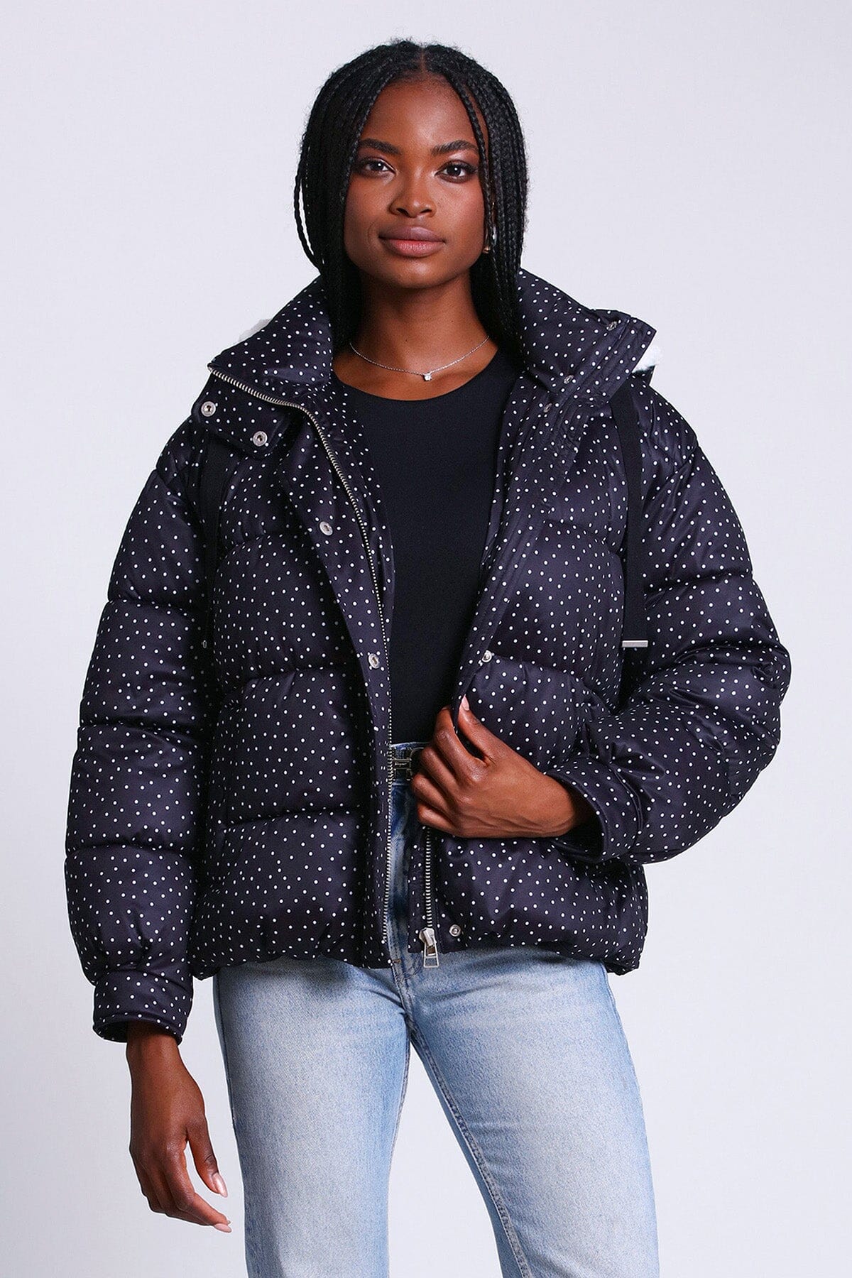 printed thermal puff hooded puffer jacket coat black and white polka dots - women's figure flattering office to date night puffers outerwear