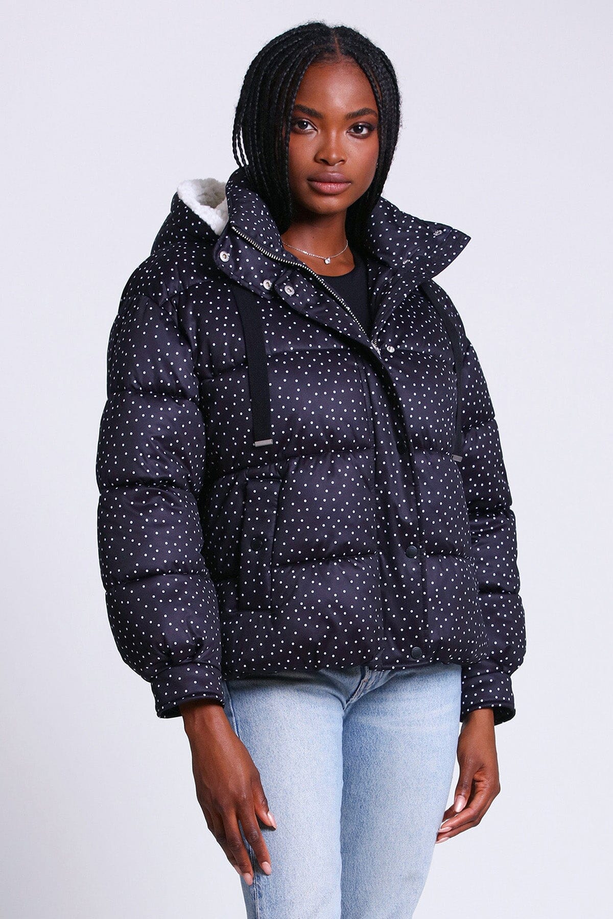 printed thermal puff hooded puffer jacket coat black and white polka dots - women's figure flattering warm fall outerwear
