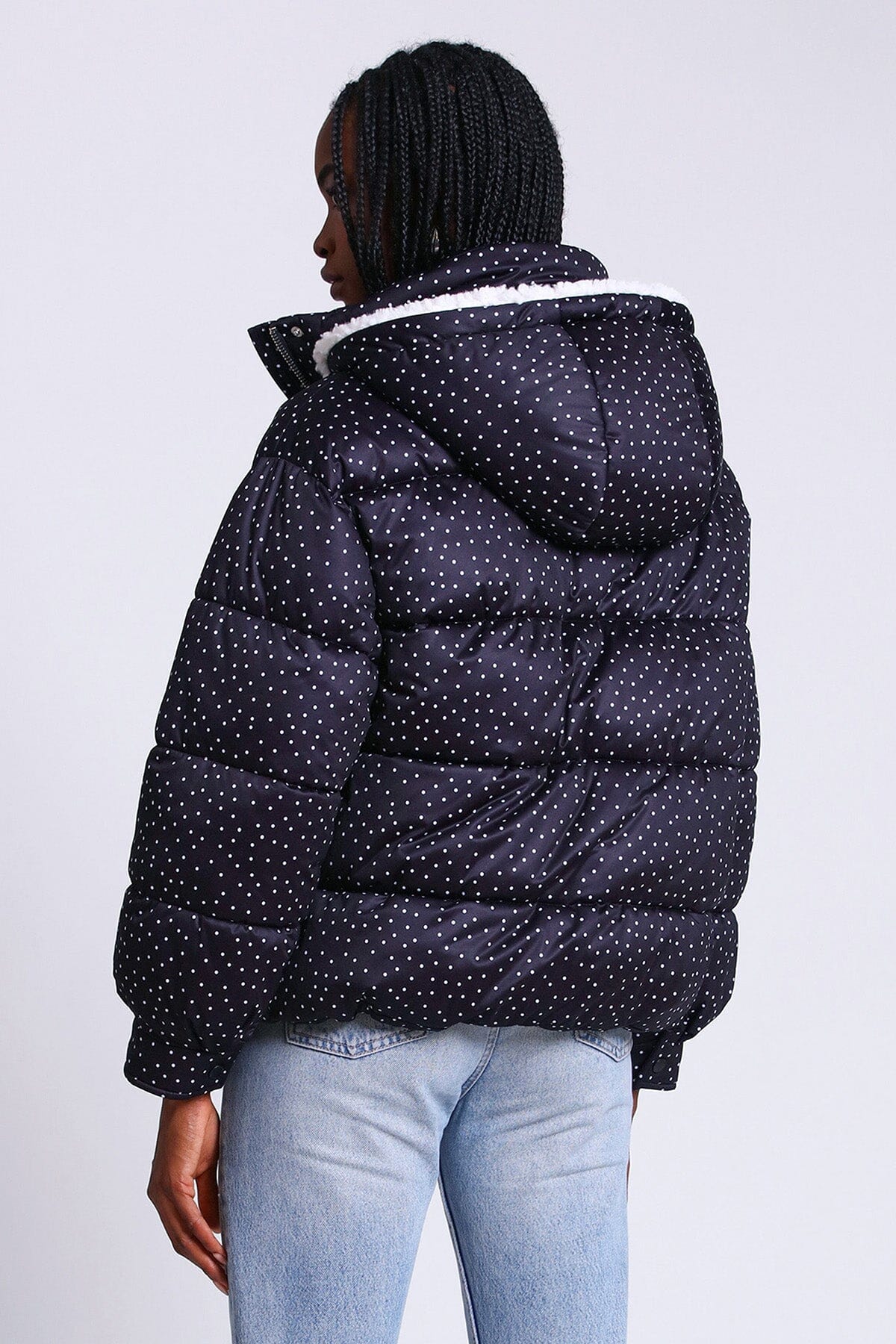 printed thermal puff hooded puffer jacket coat black and white polka dots - women's figure flattering night out outerewear