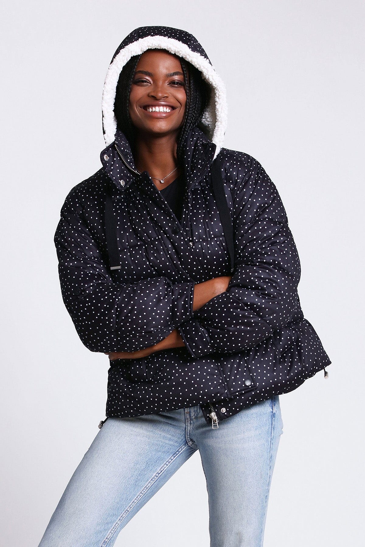 printed thermal puff hooded puffer jacket coat black and white polka dots - figure flattering warm cozy puffers outerwear for women