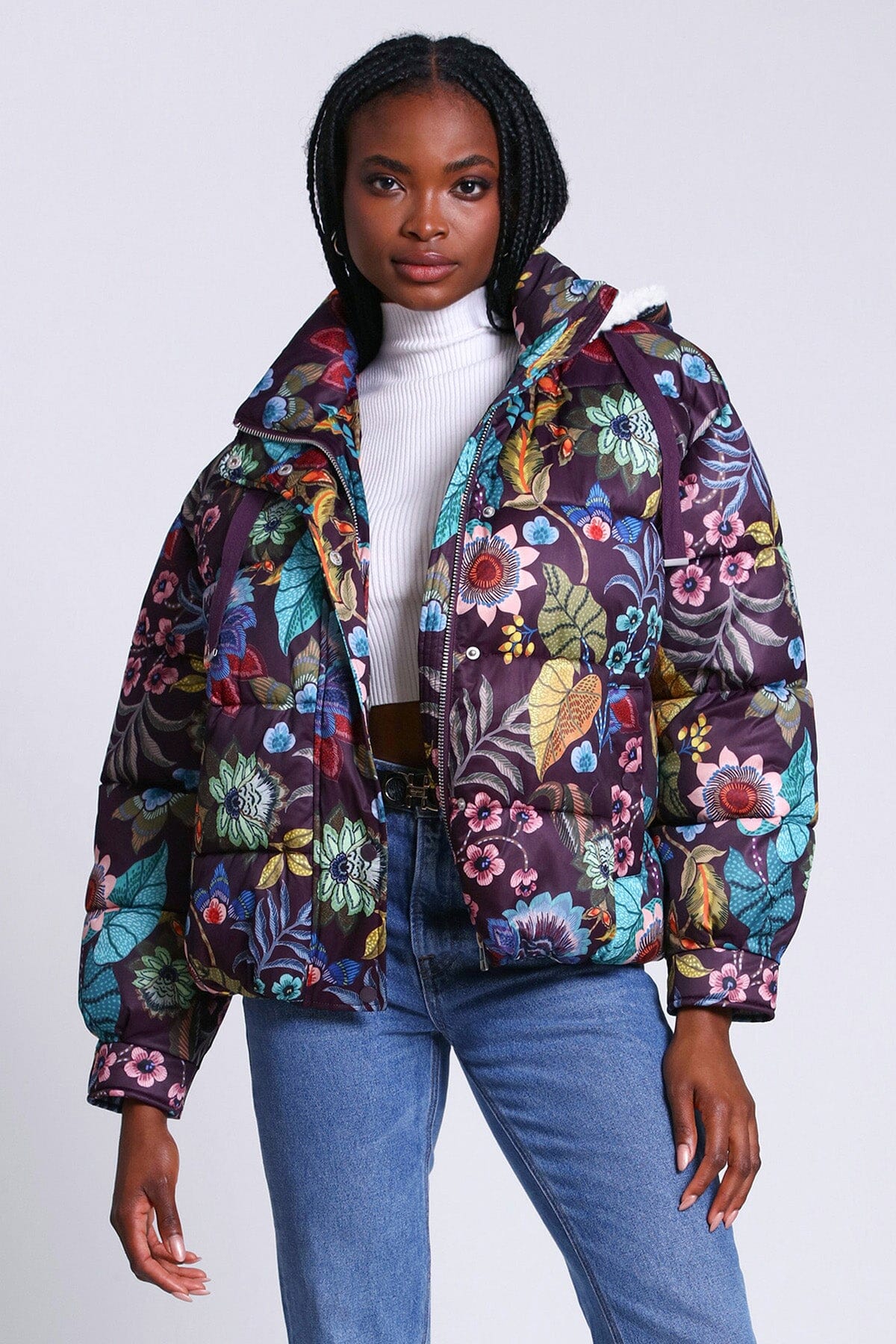 Printed thermal puff hooded puffer jacket coat bold botanical floral print - figure flattering cute warm puffers for women