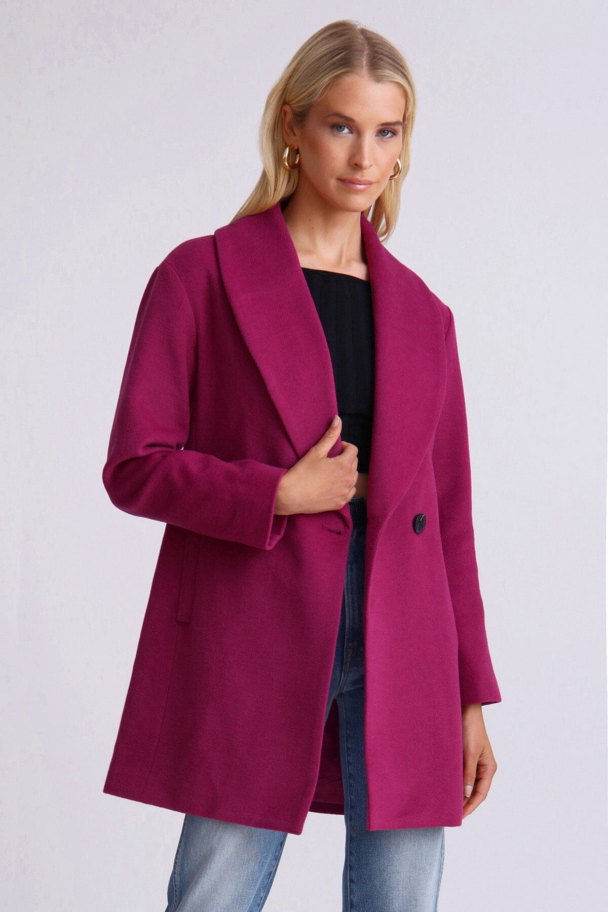Berry Purple shawl collar twill peacoat coat - figure flattering date night peacoats for women
