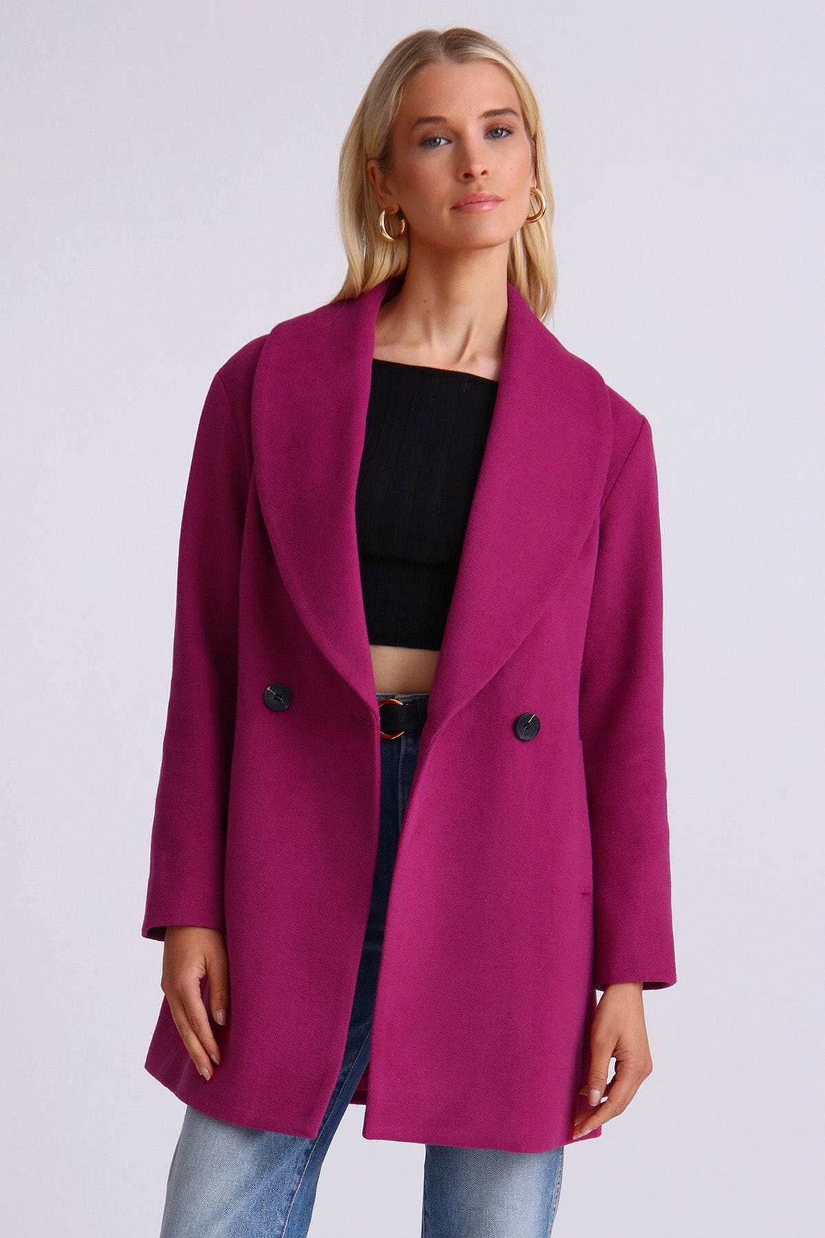 Berry Purple shawl collar twill peacoat coat - women's figure flattering cute work appropriate coats outerwear for fall 2023
