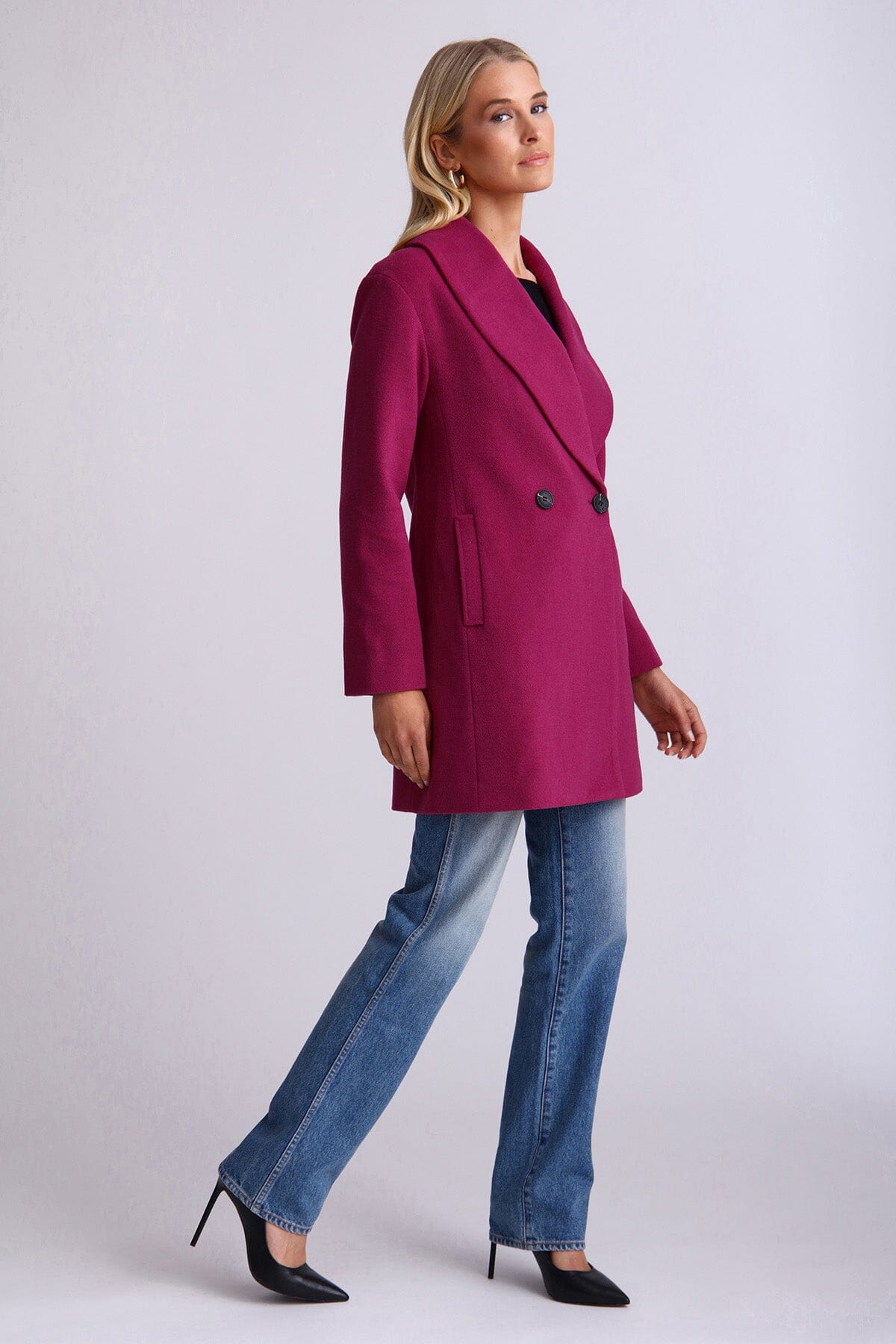 Berry Purple shawl collar twill peacoat coat - women's figure flattering cute everyday peacoats coats for fall