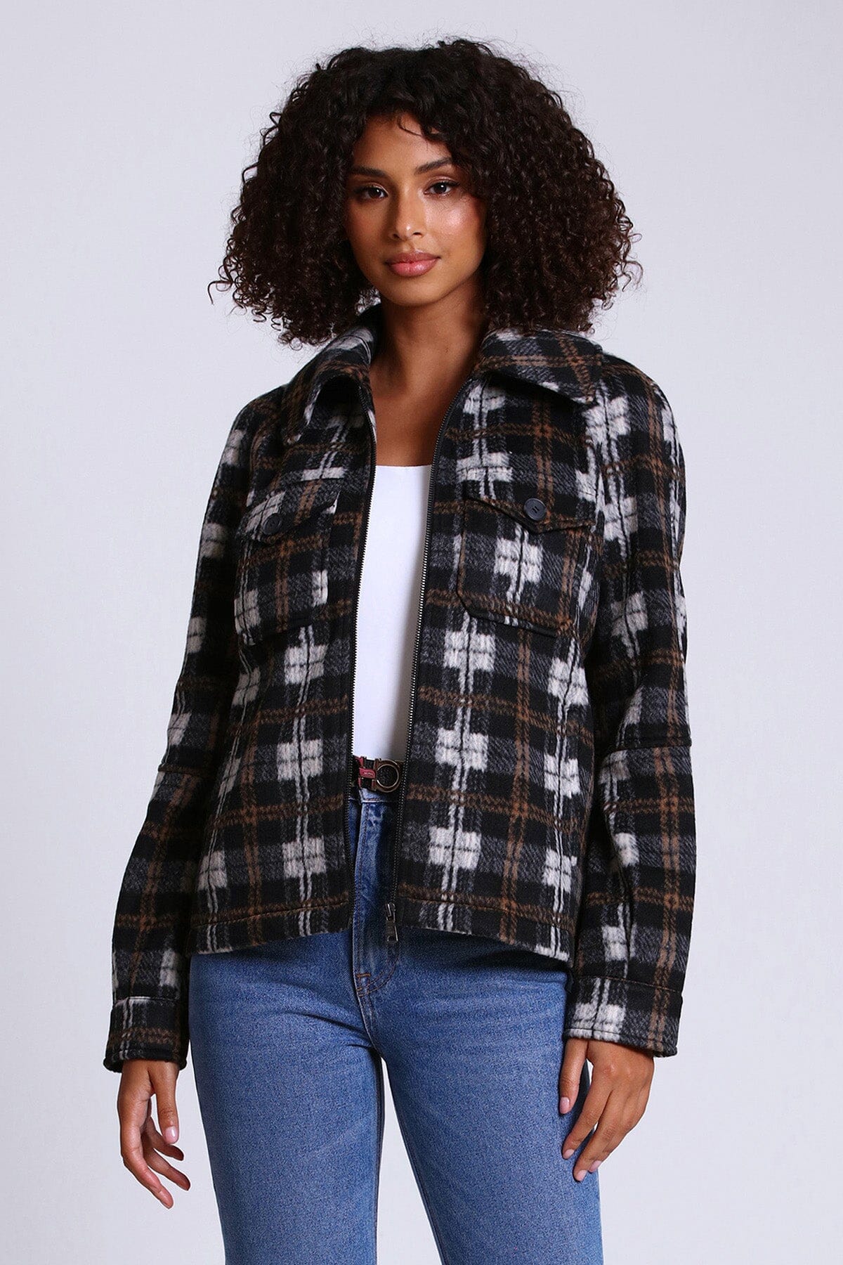 Women s Plaid Full Zip Up Front Jacket Shacket Coat Outerwear