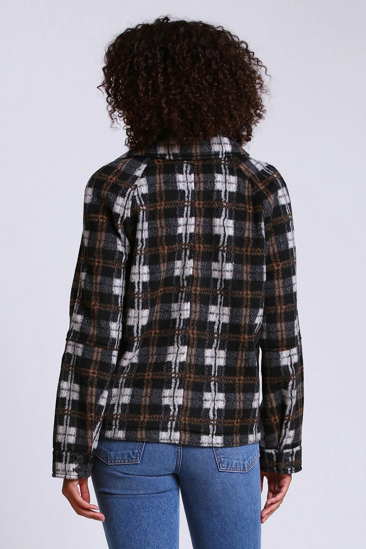 printed full zip up front jacket shacket coat brown black white plaid - 