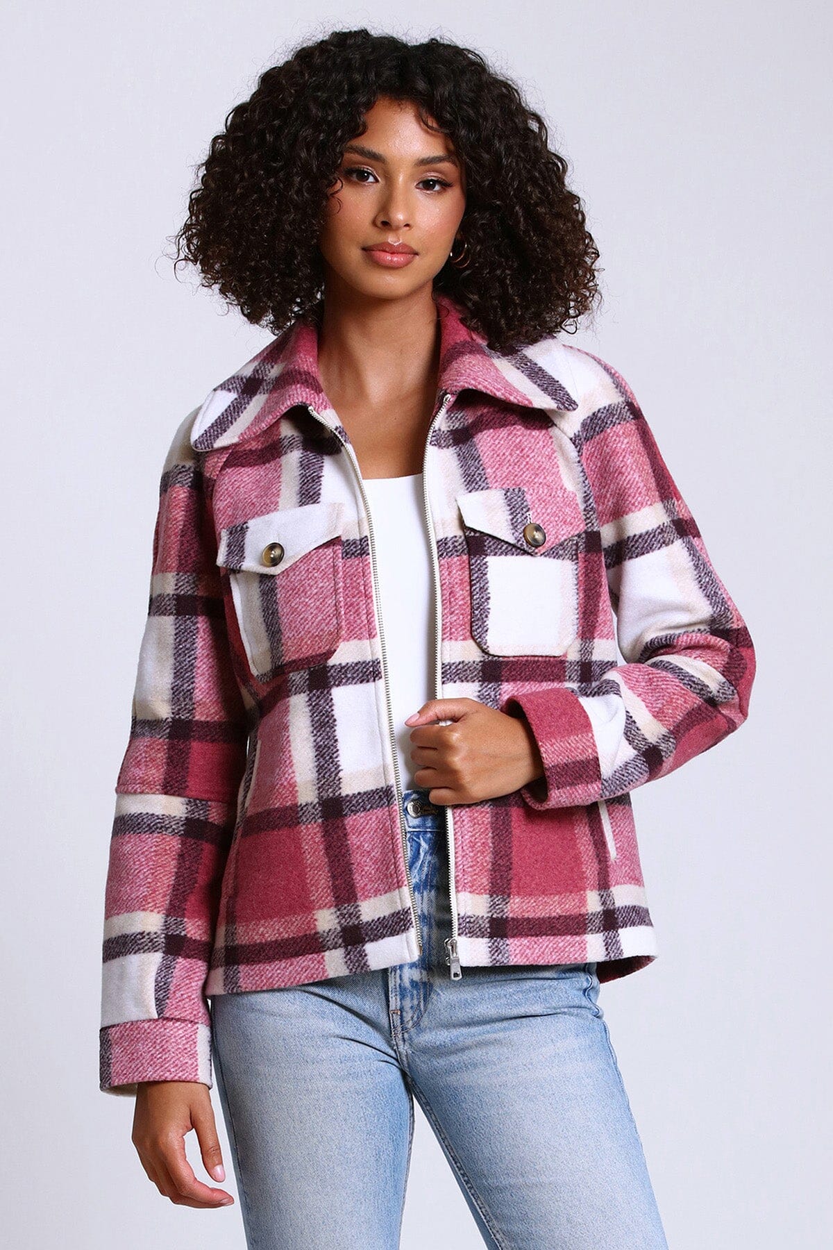 printed full zip up front jacket shacket coat cranberry pink cream plaid -