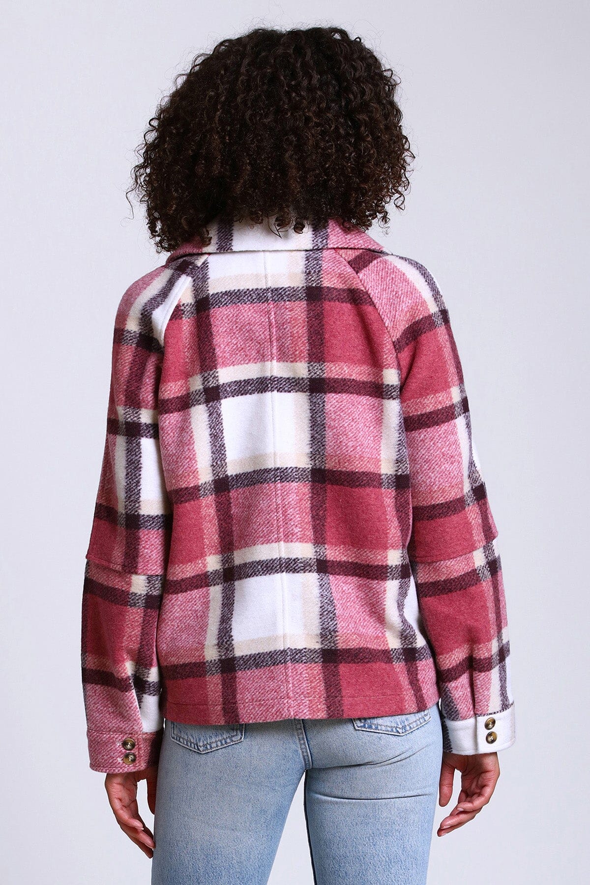 printed full zip up front jacket shacket coat cranberry pink cream plaid -