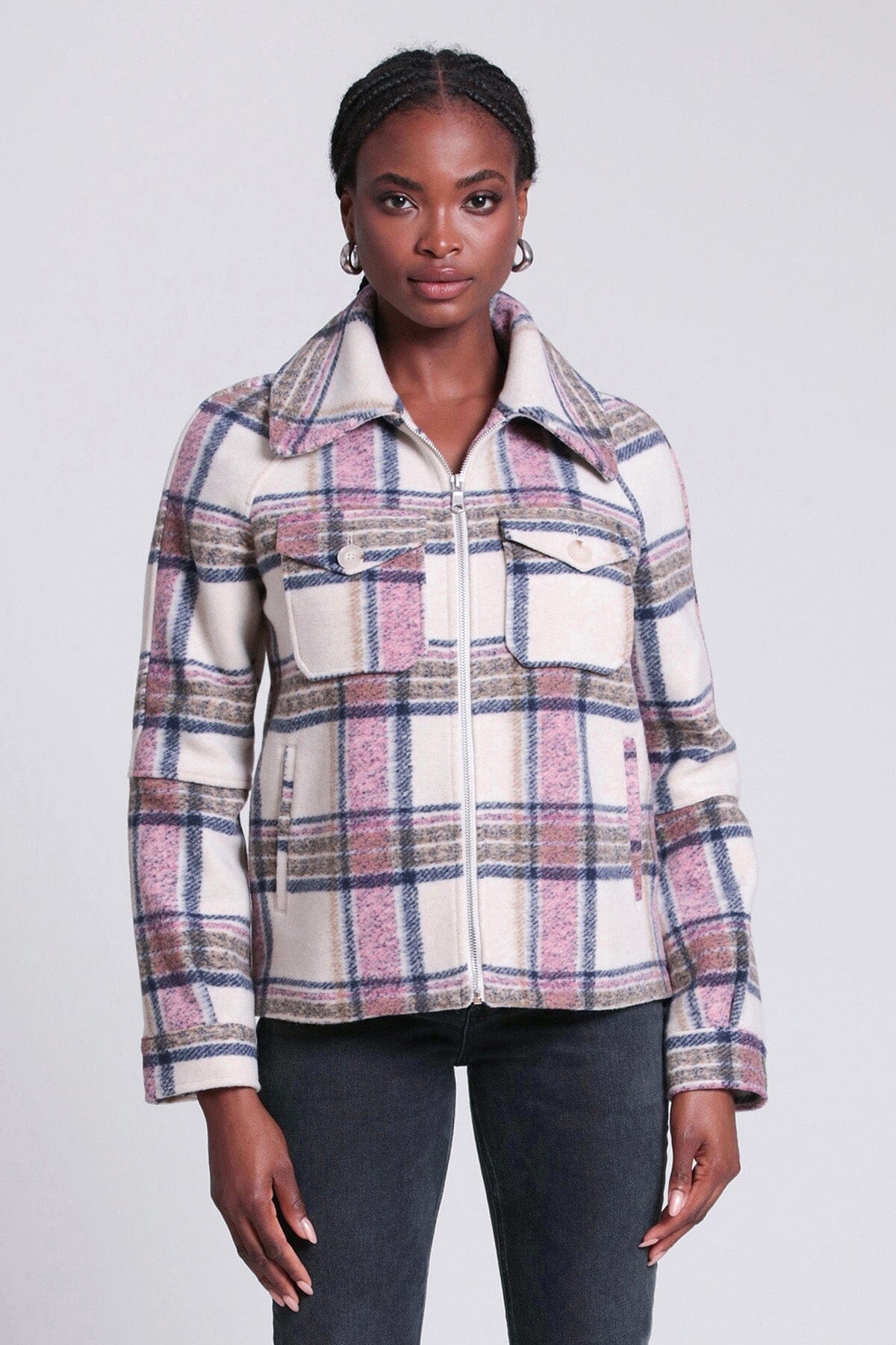 printed full zip up front jacket shacket coat pink cream plaid - 