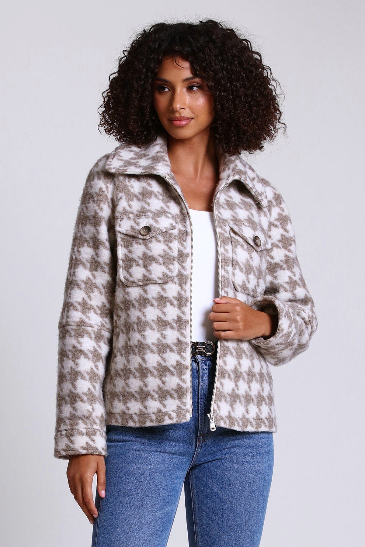 printed full zip up front jacket shacket coat neutral tan beige and cream plaid -