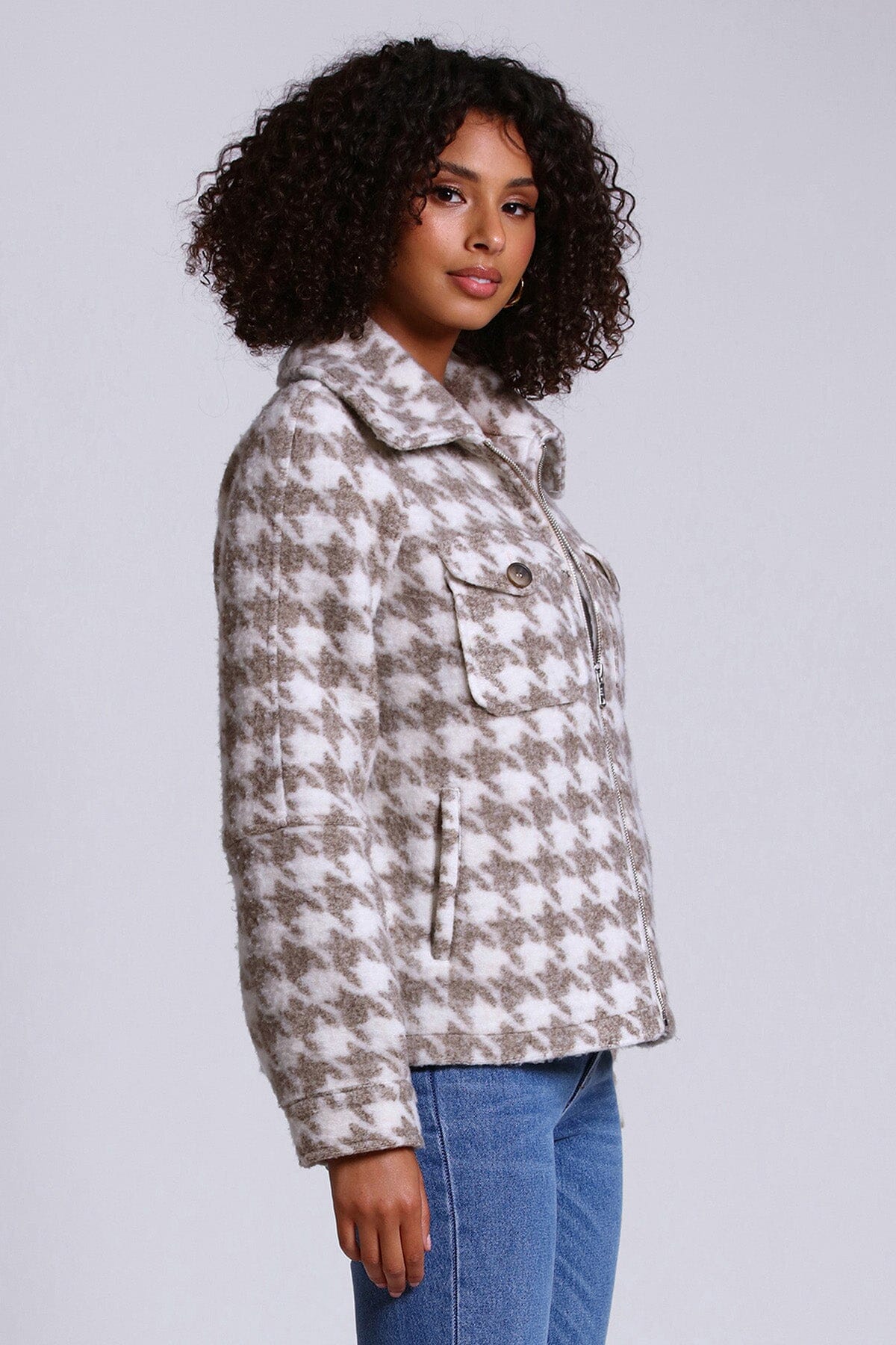 printed full zip up front jacket shacket coat neutral tan beige and cream plaid - 