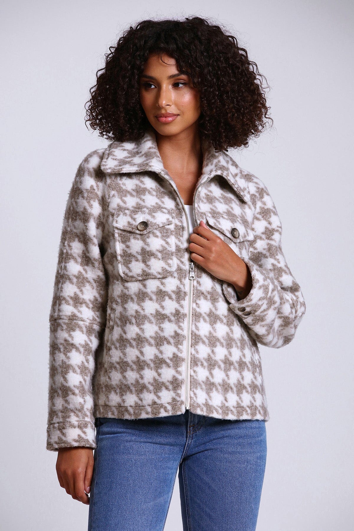printed full zip up front jacket shacket coat neutral tan beige and cream plaid - 