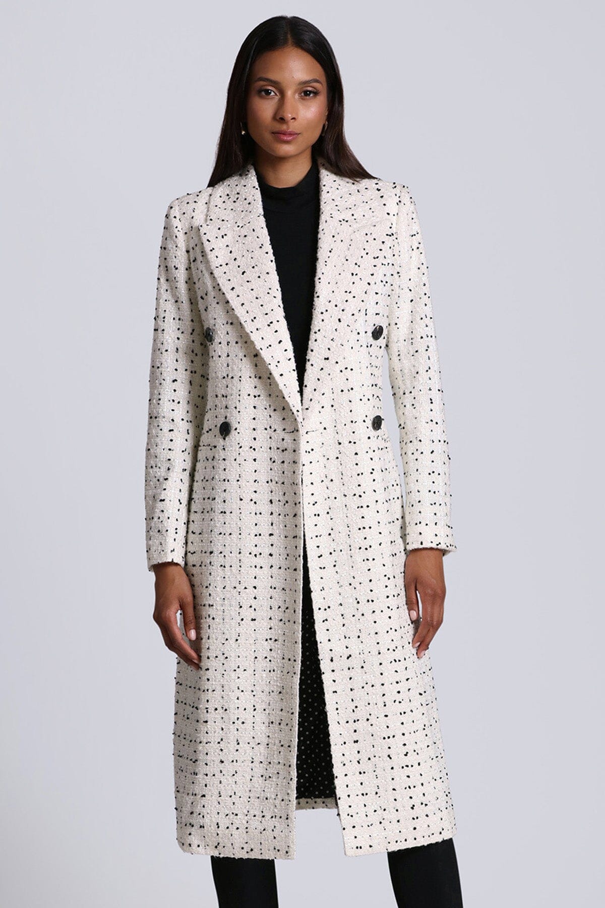 Black and white tweed tailored double breasted longline coat jacket - figure flattering long fall jackets coats for ladies