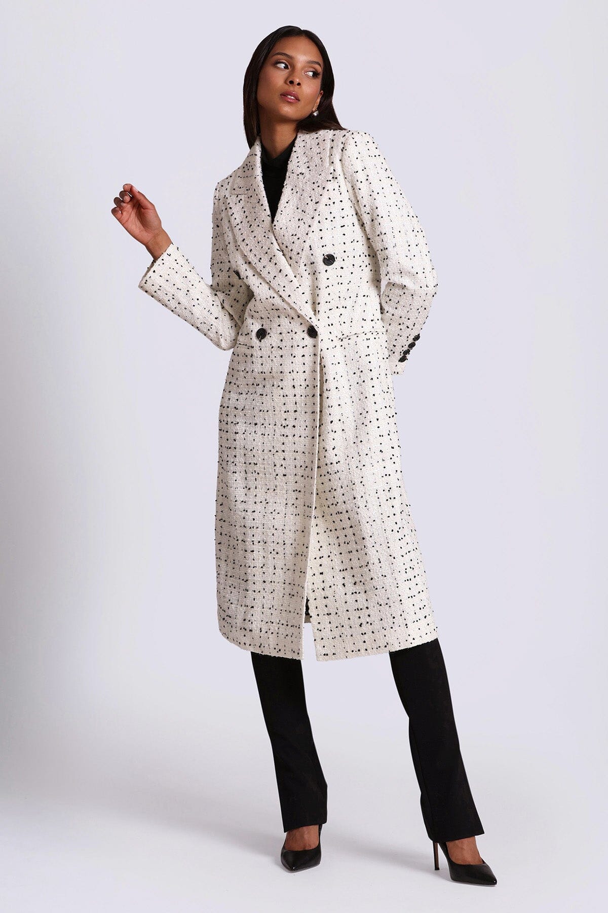 Black and white tweed tailored double breasted longline coat jacket - women's figure flattering luxurious long coats for winter fashion trends