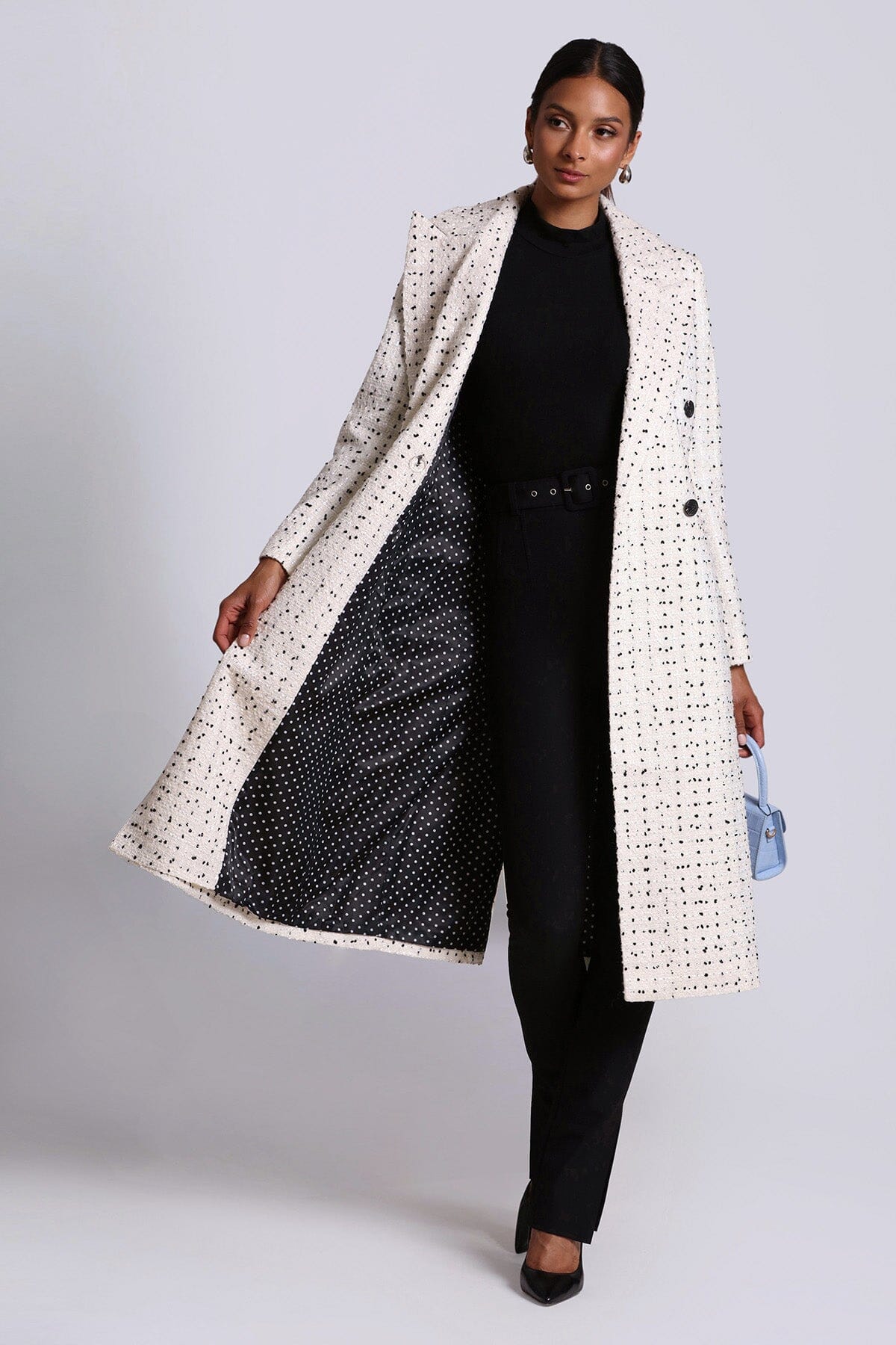 Black and white tweed tailored double breasted longline coat jacket - women's figure flattering quiet luxury coats outerwear for fall 2023 fashion
