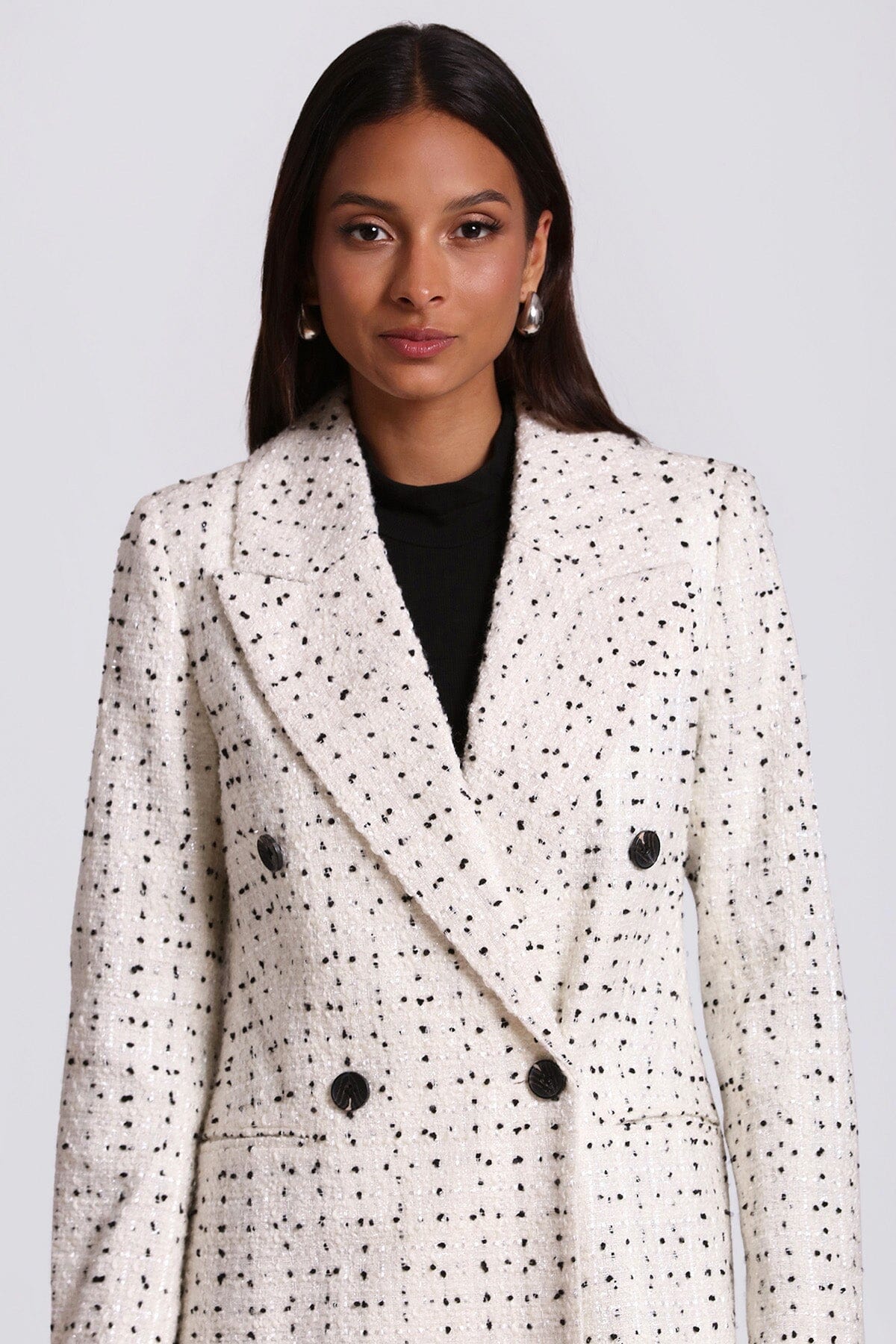Black and white tweed tailored double breasted longline coat jacket - women's figure flattering fall winter fashion coats outerwear