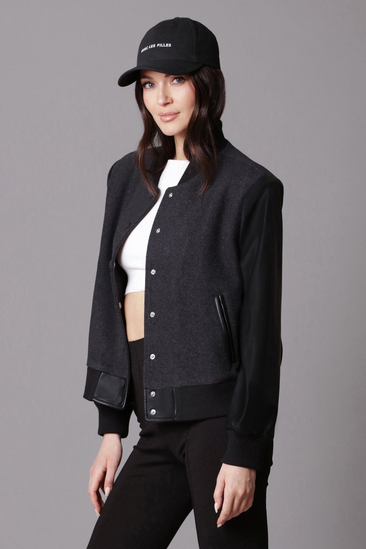 Strong Shoulder Mixed Media Bomber Jacket Coats & Jackets Avec Les Filles 