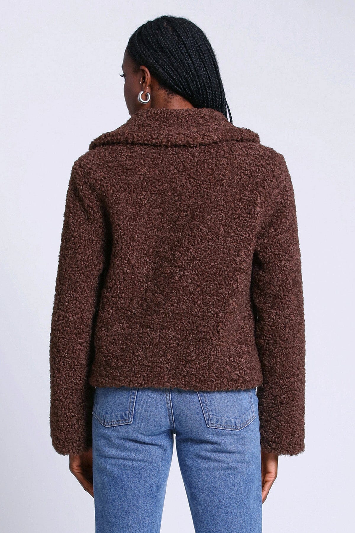 Brown teddy faux fur jacket coat figure flattering date night outerwear for women