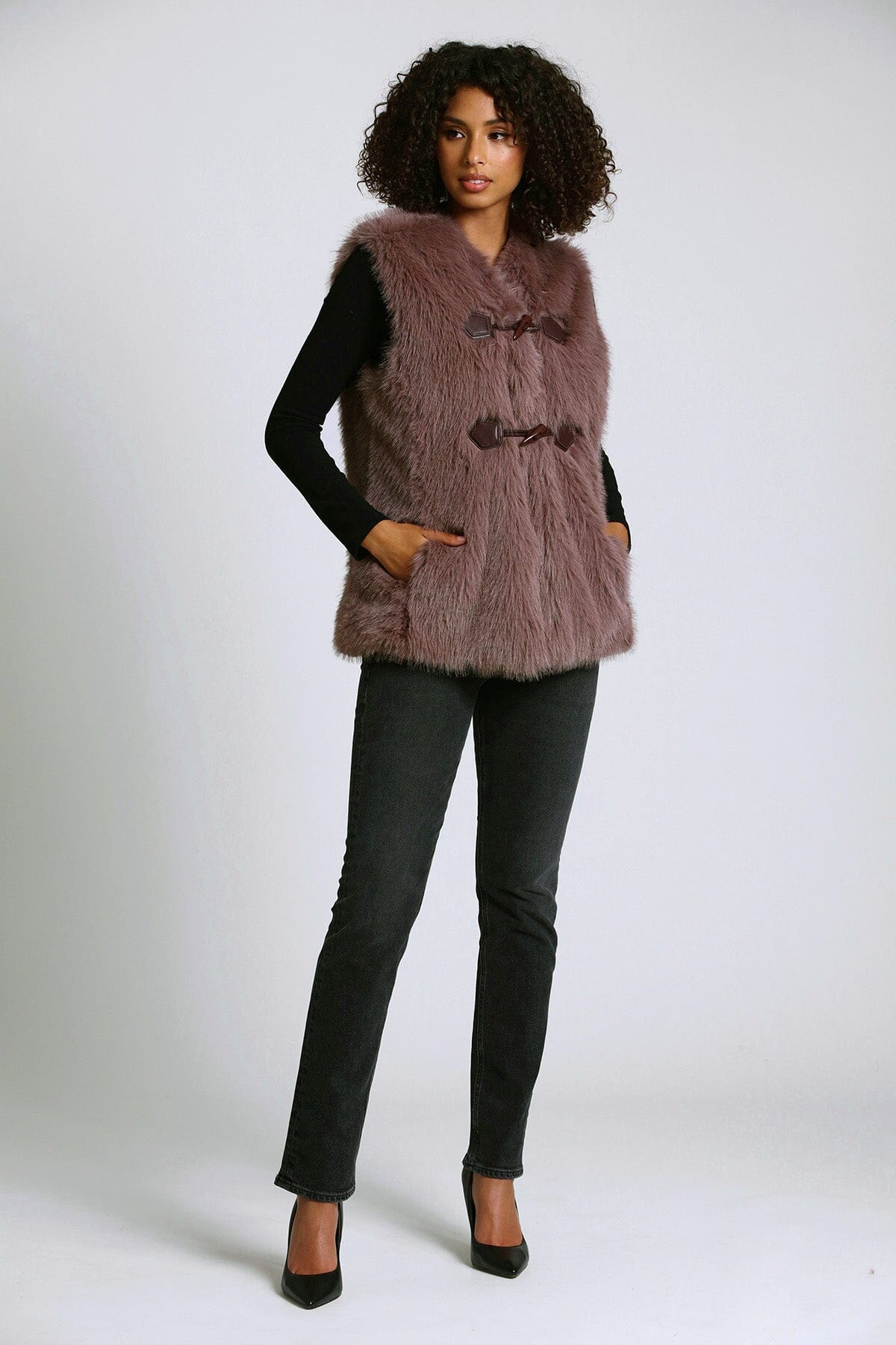 Faux fur toggle vest portabella taupe brown - figure flattering day to night vests for ladies