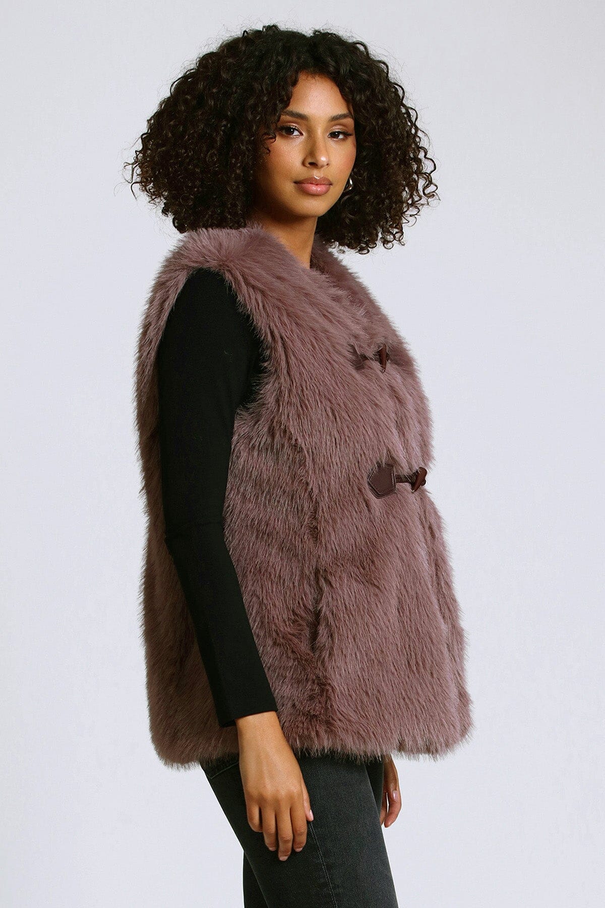 Faux fur toggle vest portabella taupe brown - figure flattering dressy vests for women by Avec Les Filles