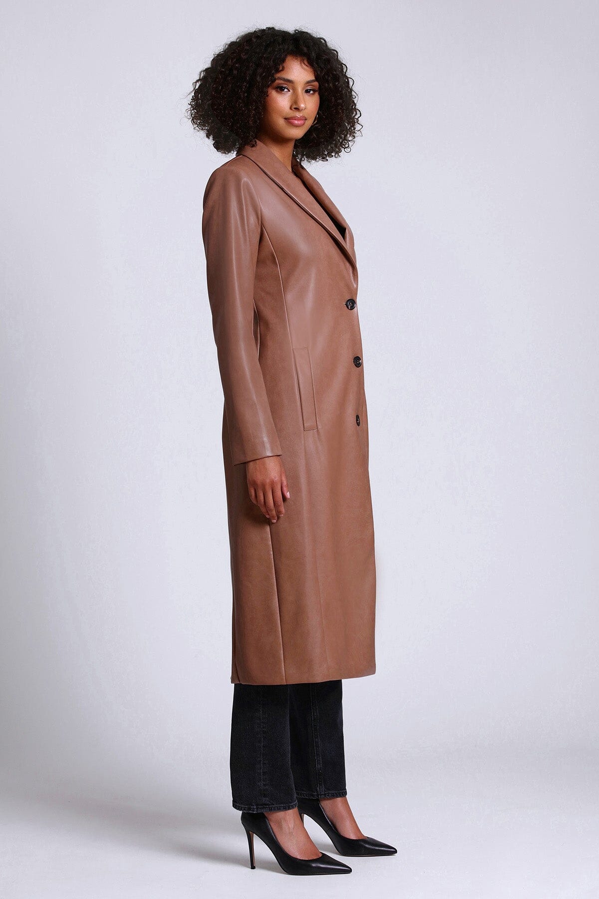 faux ever leather single breasted coat jacket mink brown - women's figure flattering designer fashion cute date night outerwear long coats jackets